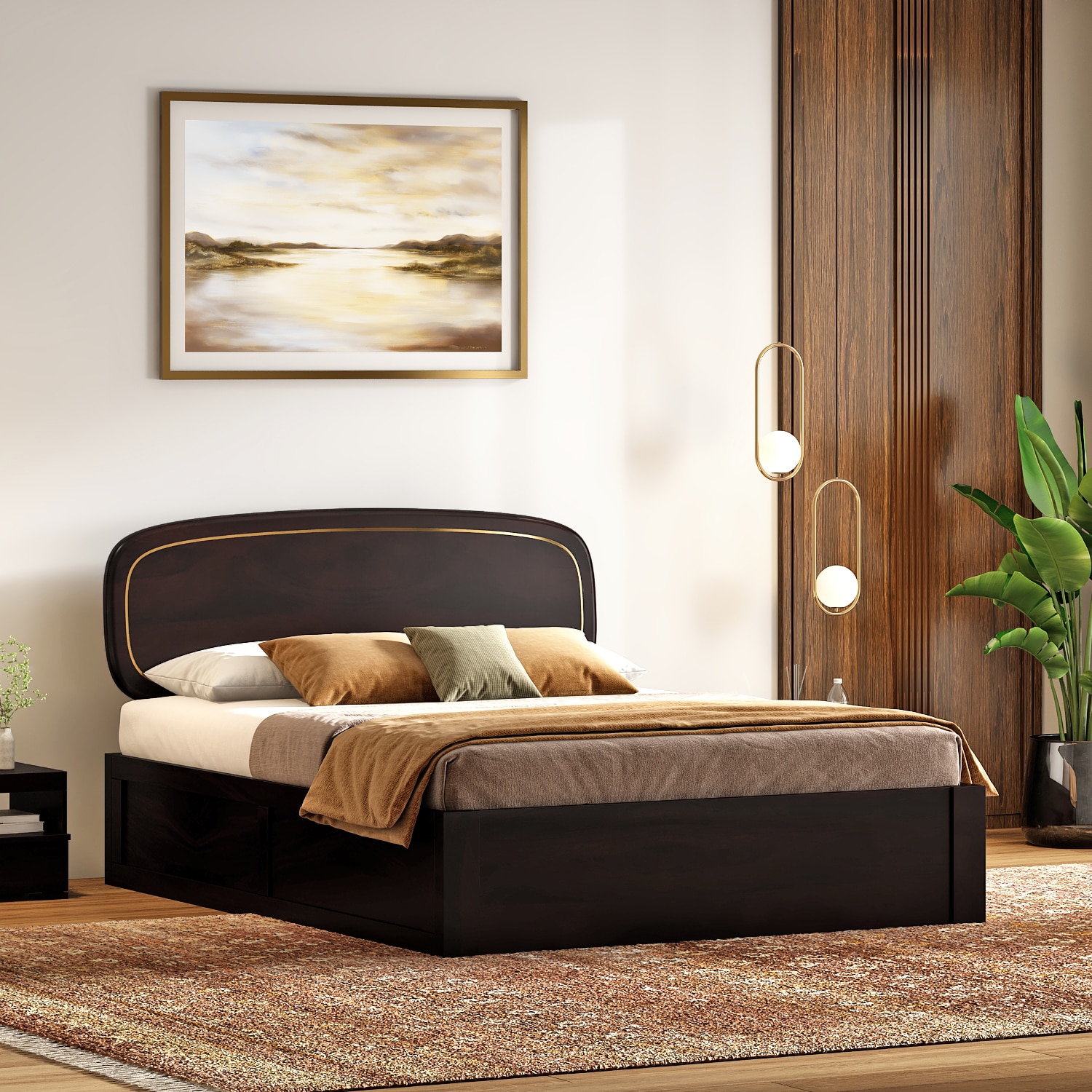 Nimbus Solid Wood Queen Size Bed With Hydraulic Storage (Mahogany Finish) - Urban Ladder