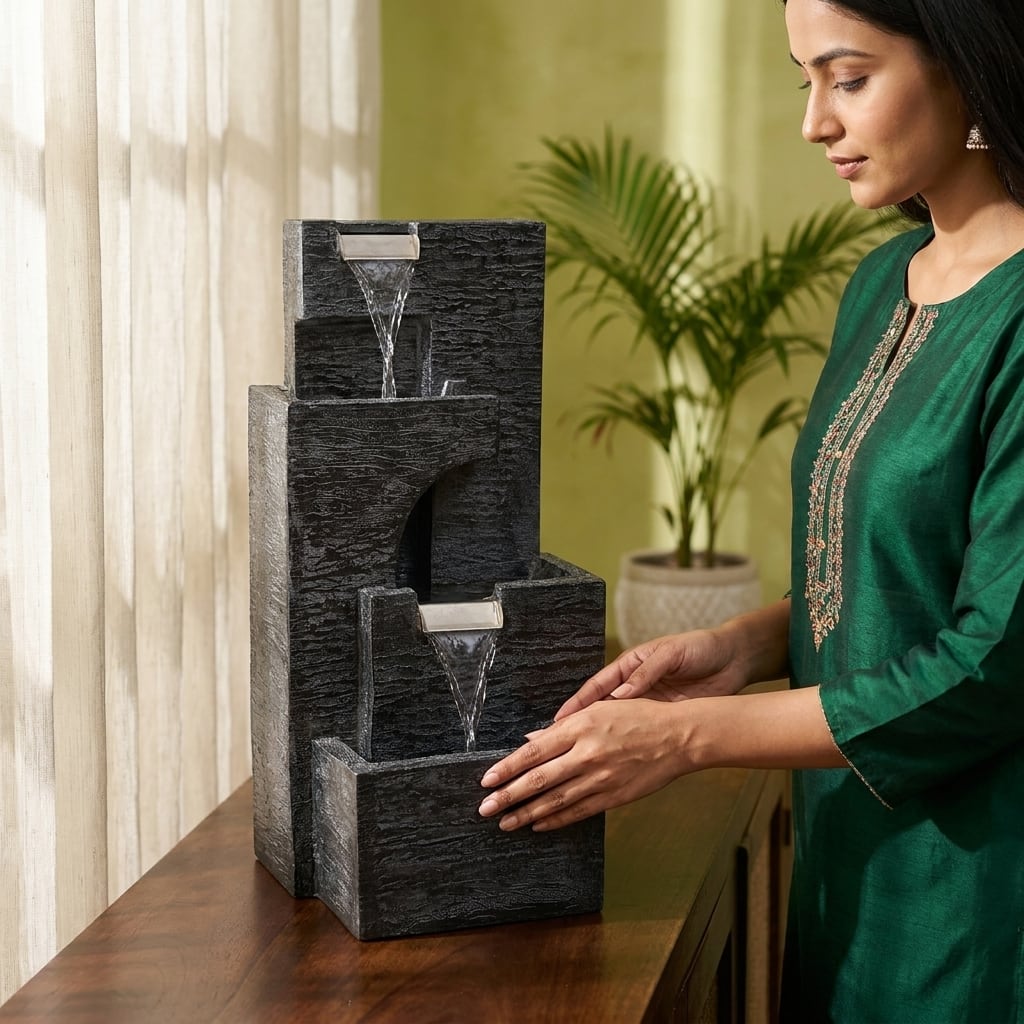 Water Fountain Midnight Cascade Tabletop Water Fountain in Charcoal Black Colour - Vedas