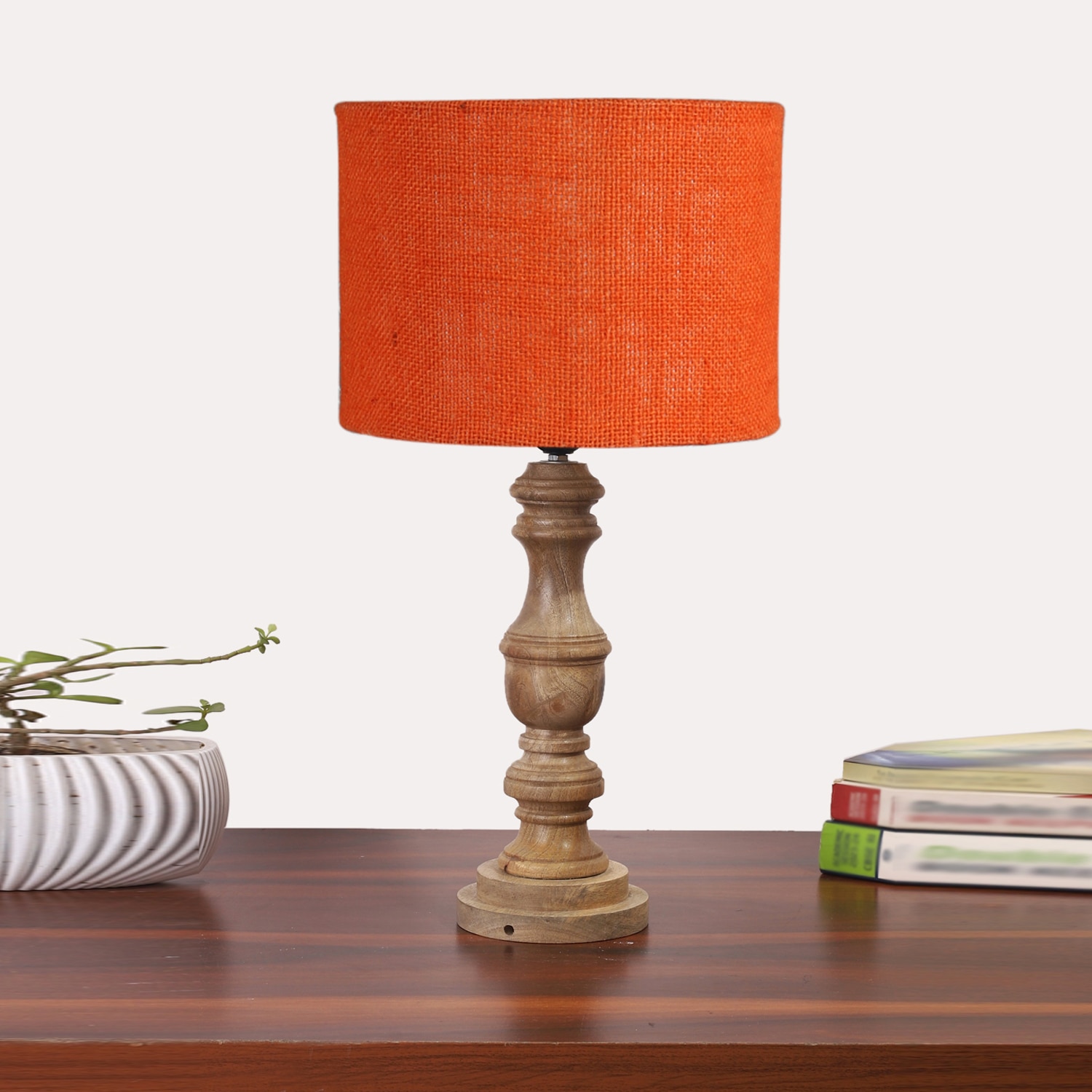 Devansh Orange  Jute   Table Lamp With  Wood Natural Base (7X17.5 Inches)-17