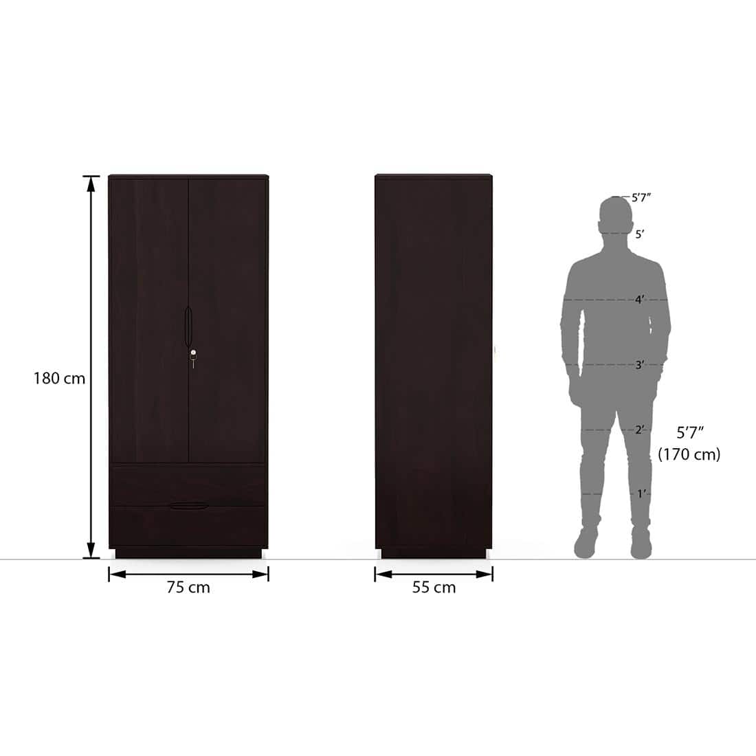 Zephyr Solid Wood 2 Door Wardrobe in Mahogany Finish