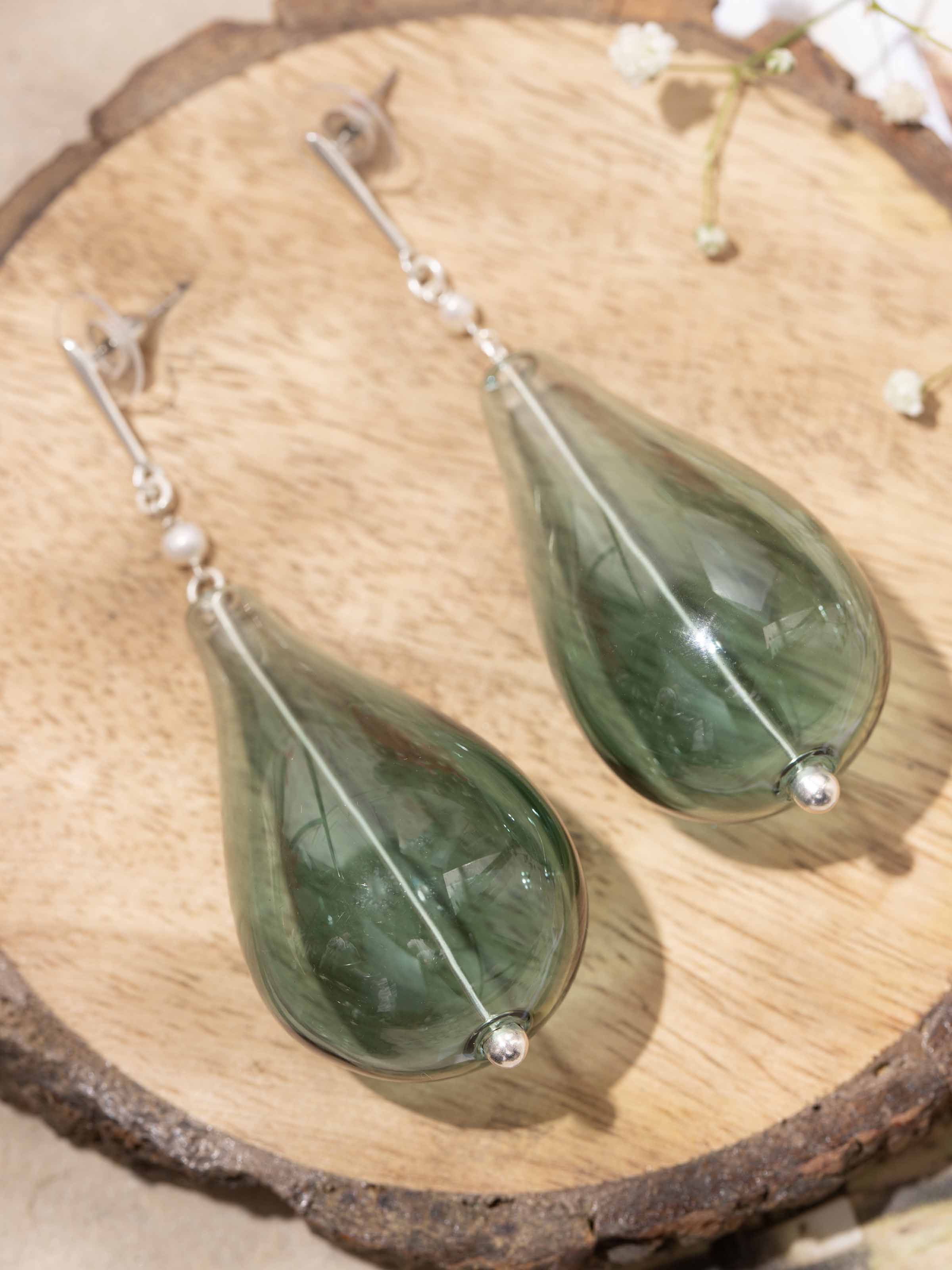 Silver Flame Glass Drop Earrings
