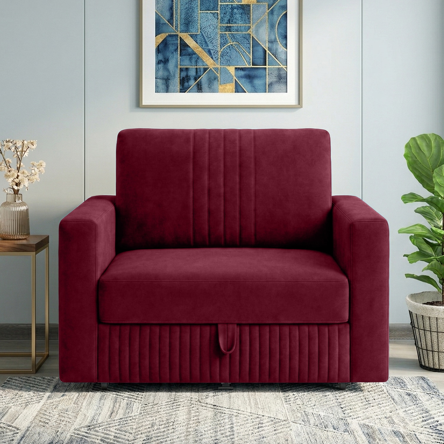 Alfon 1 Seater Velvet Pull Out Sofa Cum Bed with Storage In Maroon - Home Lifestylez