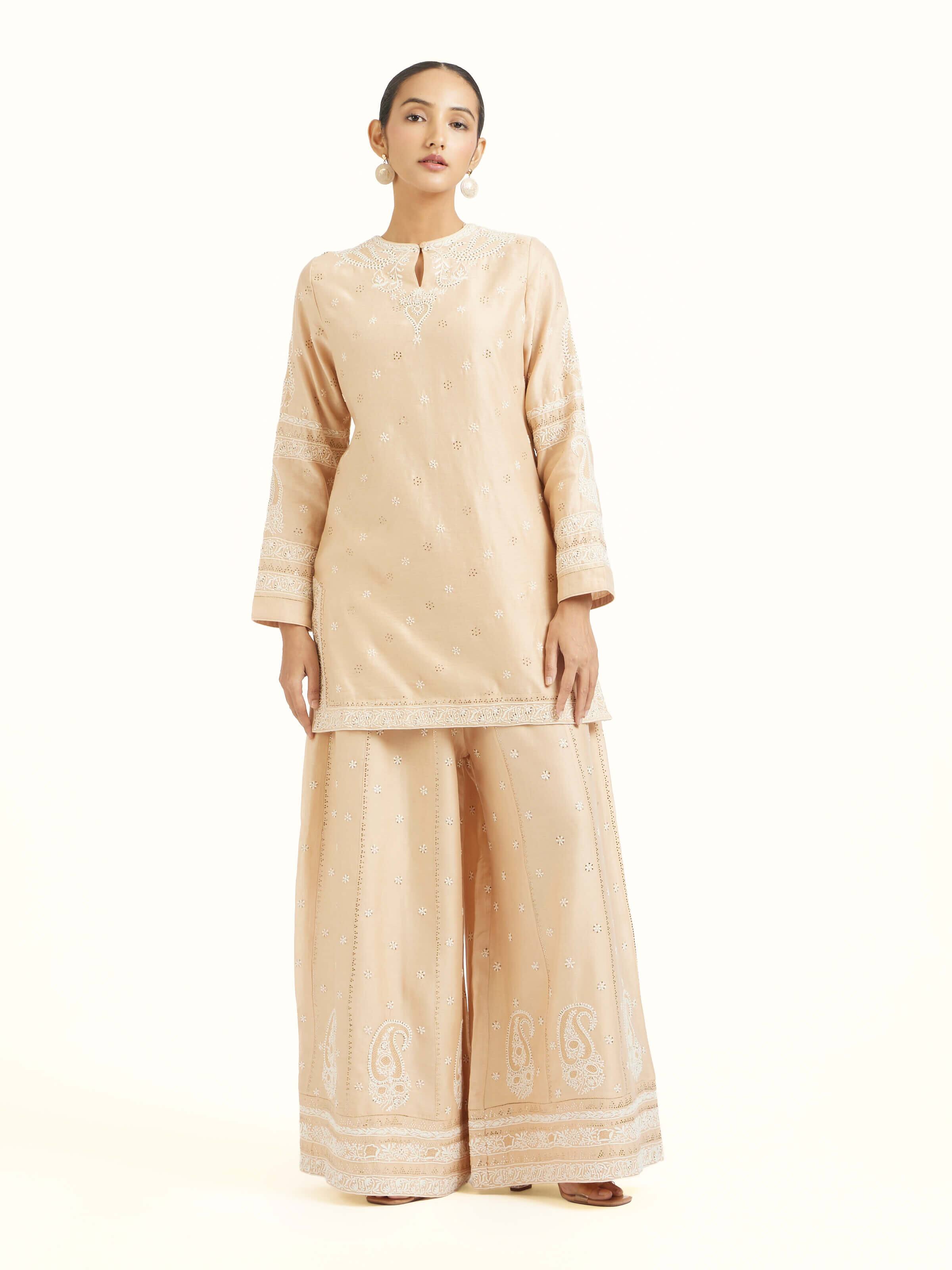 Beige Silk Chikankari Kurta