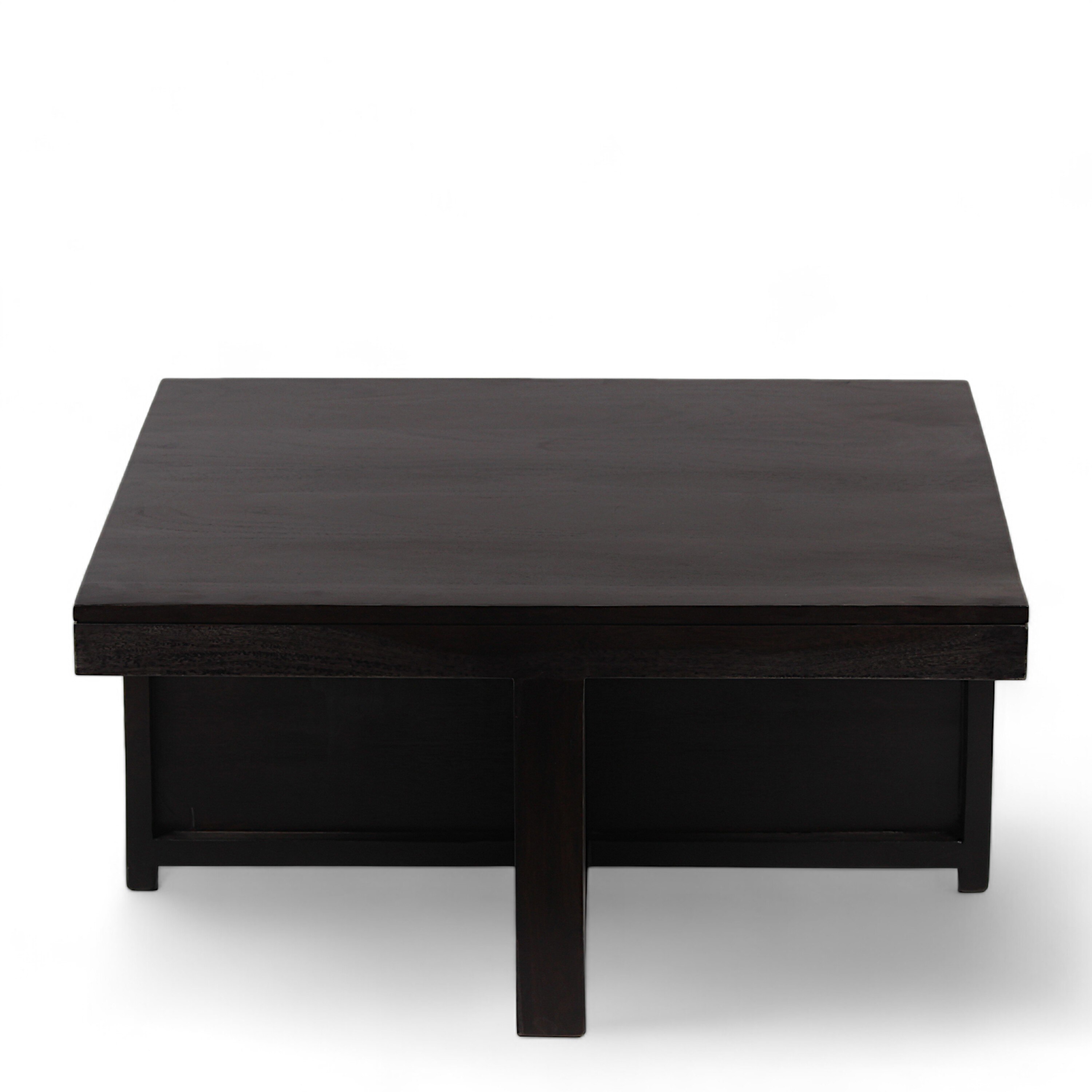 Blane Sheesham Wood Coffee Table With 4 Stools Set In Mahogany Finish & Multi Colour Israel Print Kantha Fabric Cushions