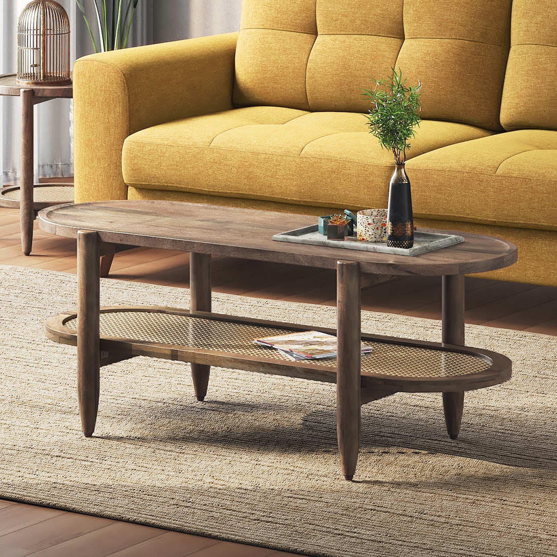 Tora Solid Wood And Cane With Glass Coffee Table In Danish Walnut Finish