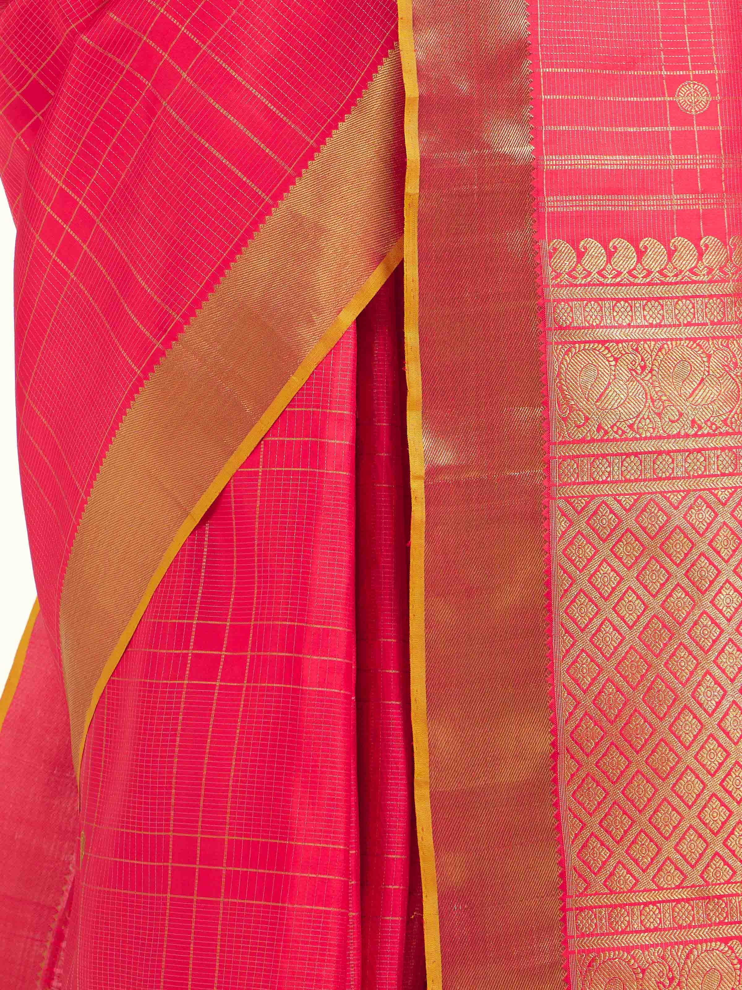 Detail view of red silk Kancheepuram saree showing silk texture and zari craftsmanship