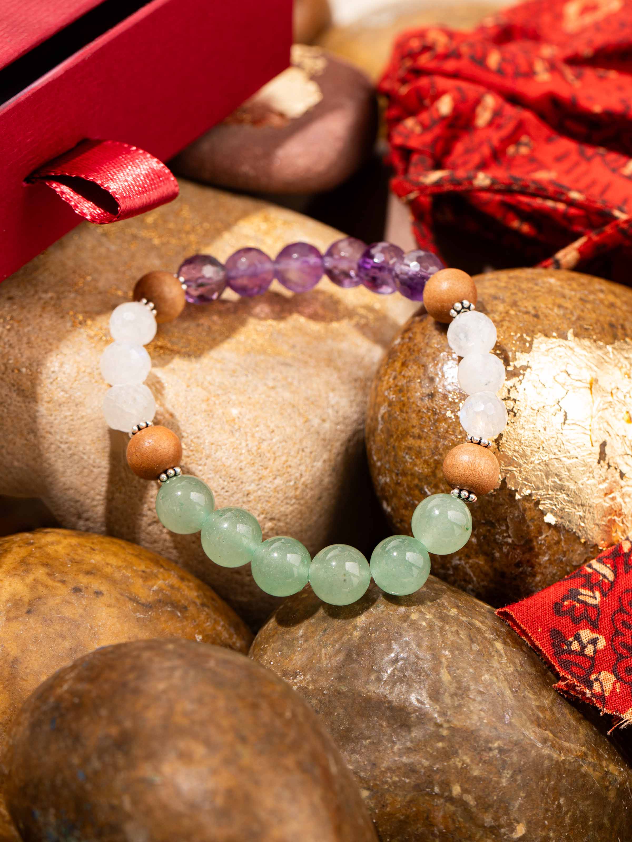 Detailed side view of Amethyst, Green Aventurine & White Moonstone Bracelet highlighting the handcrafted links and natural stones