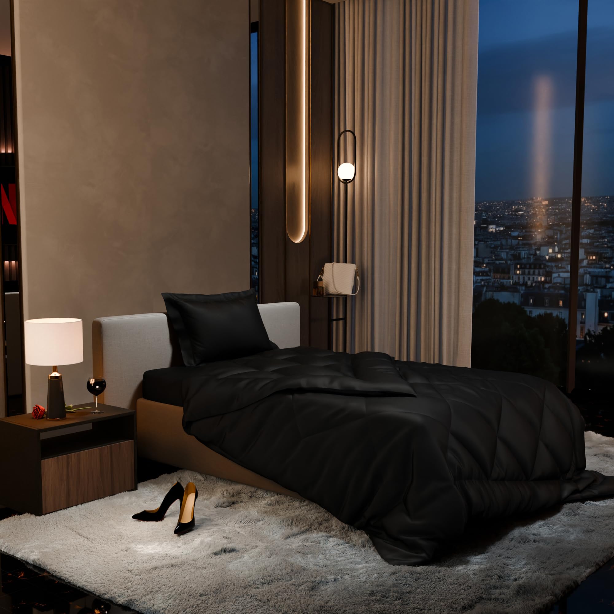 Stoa Paris Comforter for Single Bed, 300TC Satin Comforters in Midnight Black - Stoa Paris