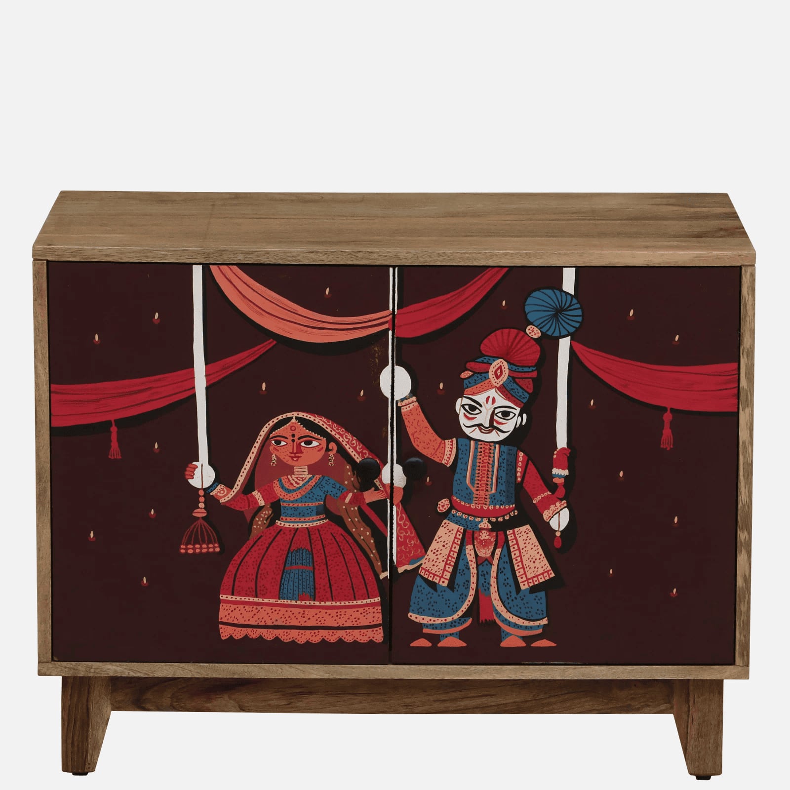 Darby Mango Wood Hand Painted Multicolour 2 Door Small Cabinet In Natural Finish