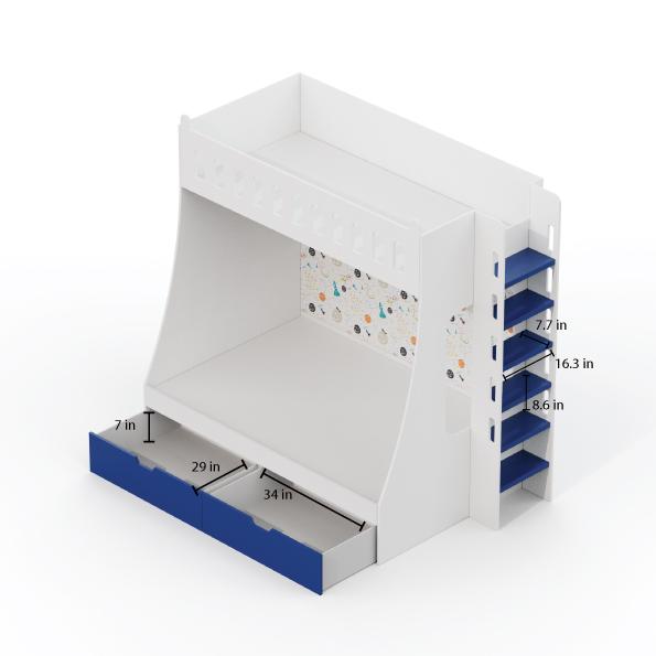 Galaxy Glide Bunk Bed With Drawers Storage And Ladder Space Print At The Back In White and Blue Colour