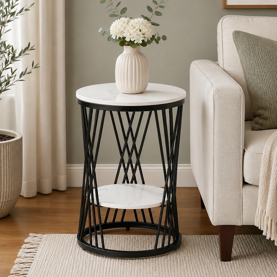 Metale White Porcelain Top End Table Black Finish - Bhavya Exports