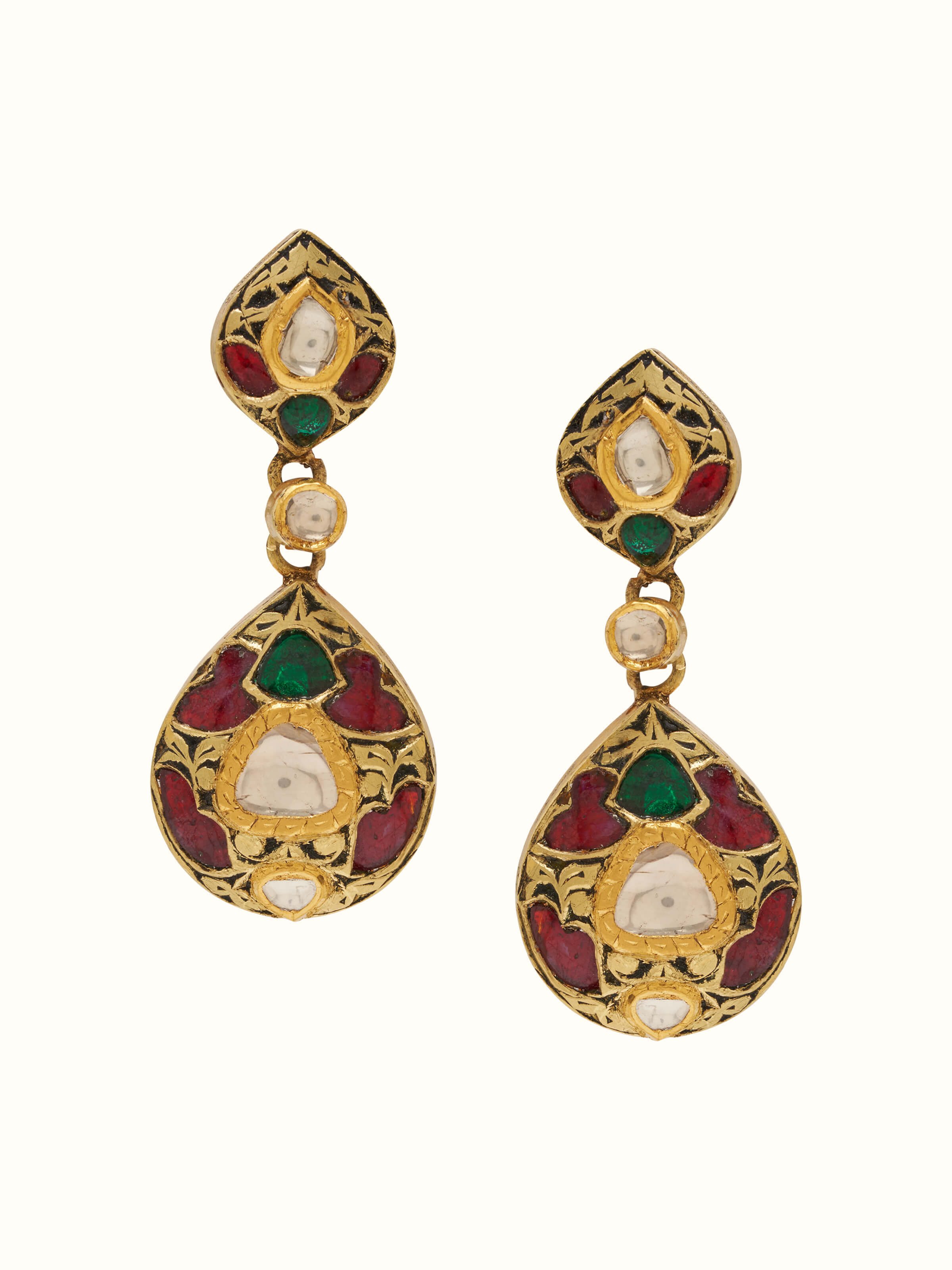 Front view of Partash 18 Karat gold drop earrings showcasing luxurious design