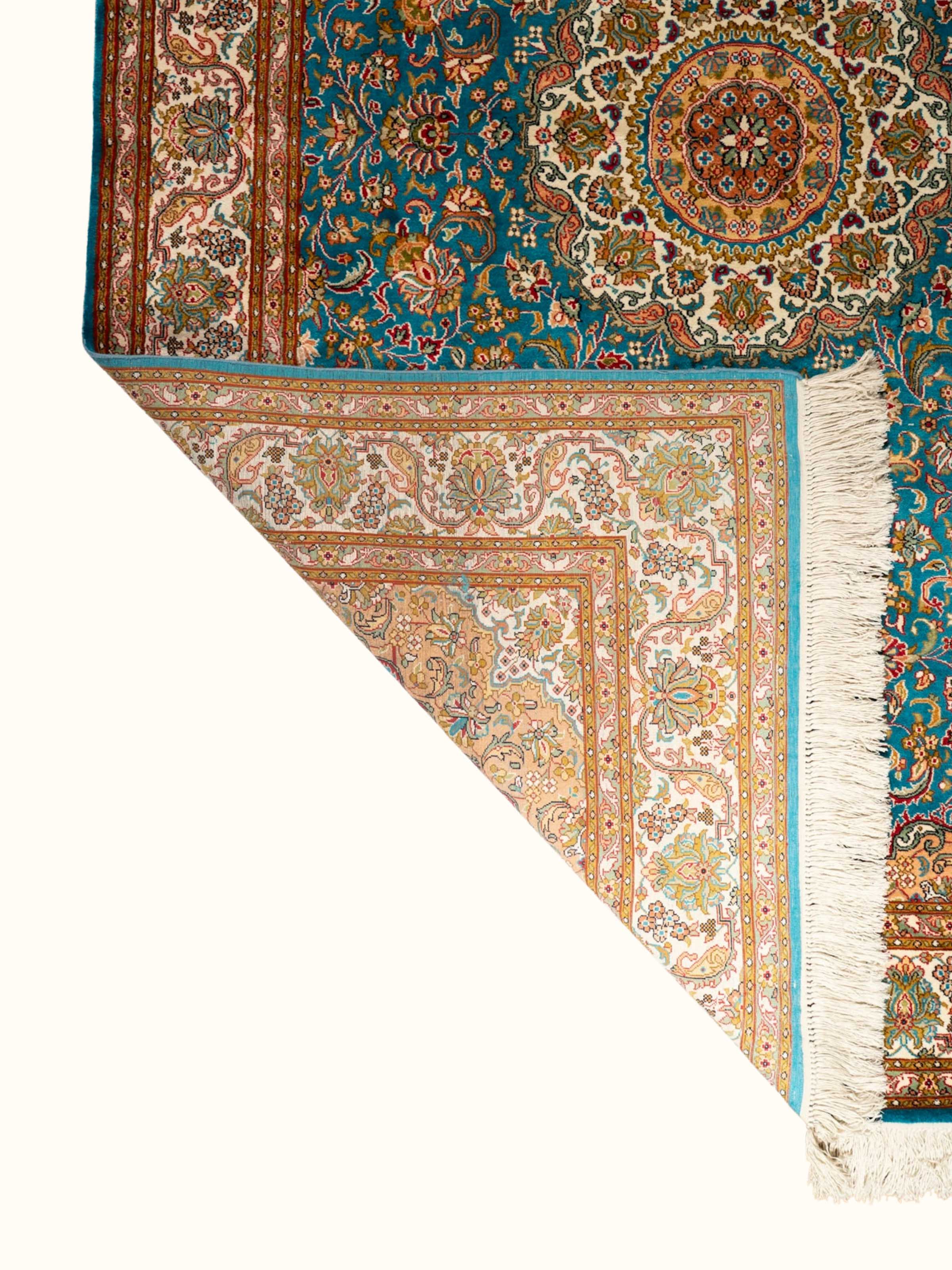 Traditional Persian Blue Kashan Kashmir Silk Hand-Knotted Carpet