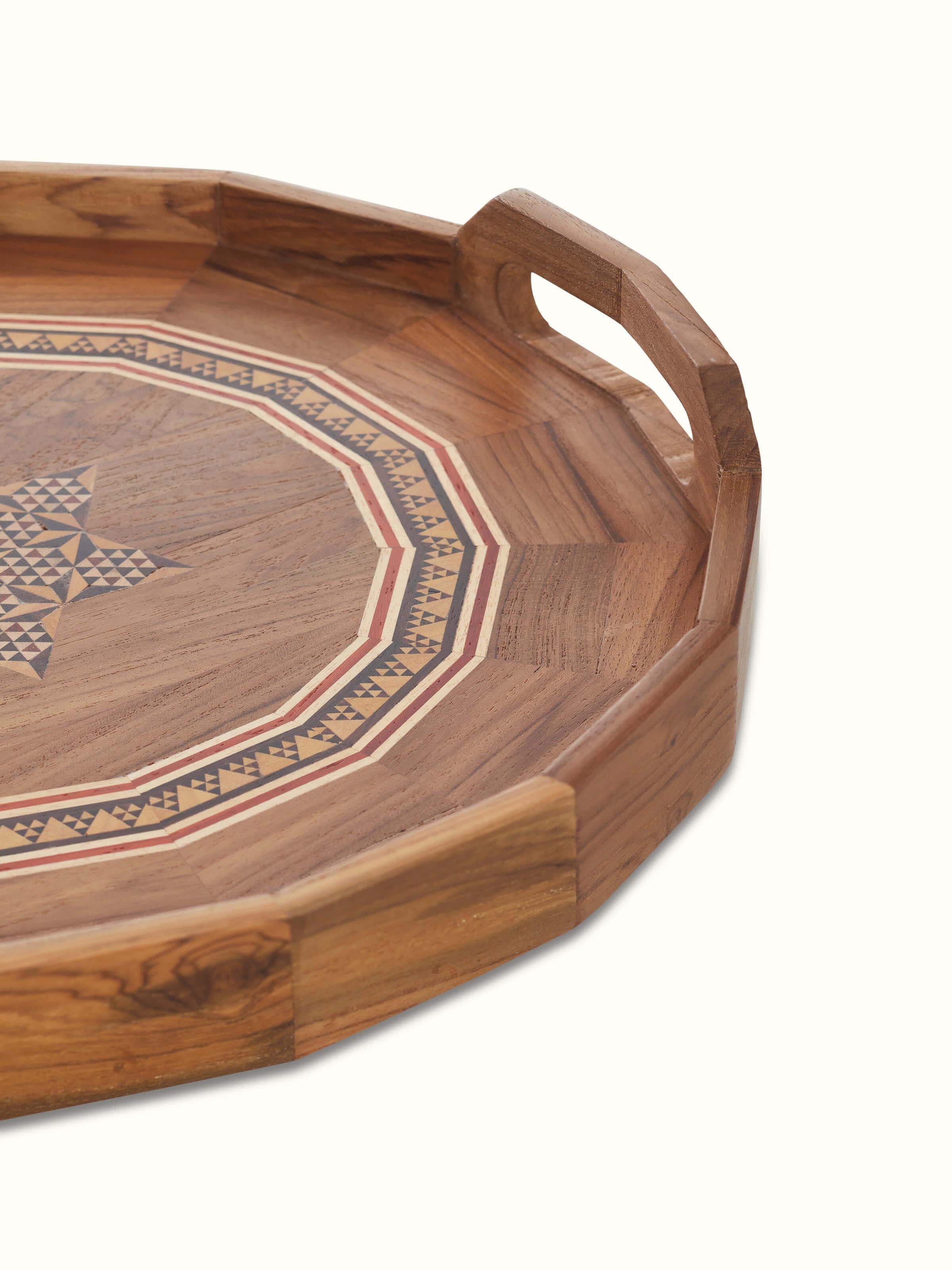 Close-up view of Marquetry wood & MDF serving tray (12 x 12 inches) emphasizing the detailed marquetry and elegant design