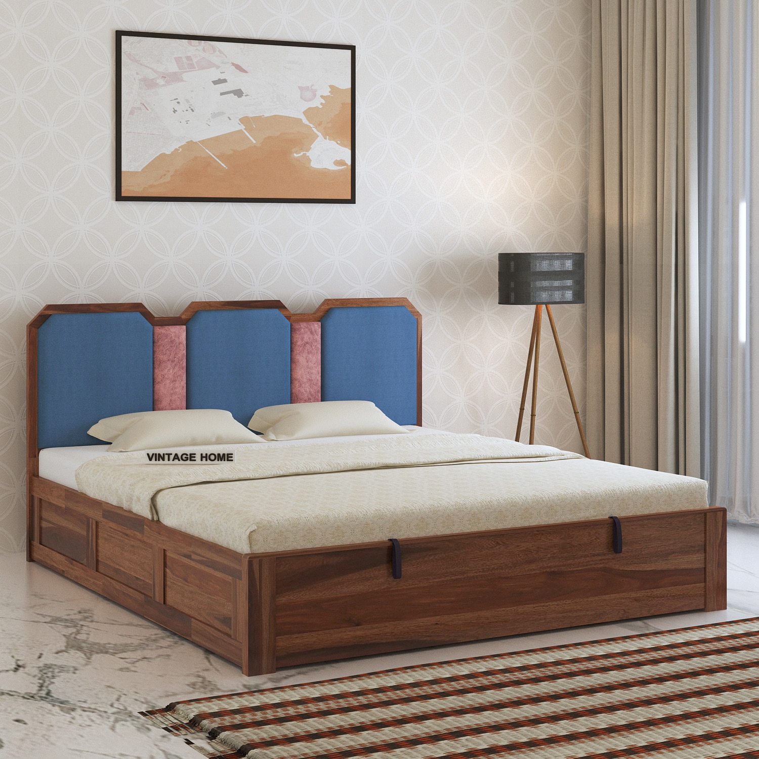 Classic Sheesham Wood Queen Size Bed With Hydraulic Storage in Provincial Teak Finish-image-49