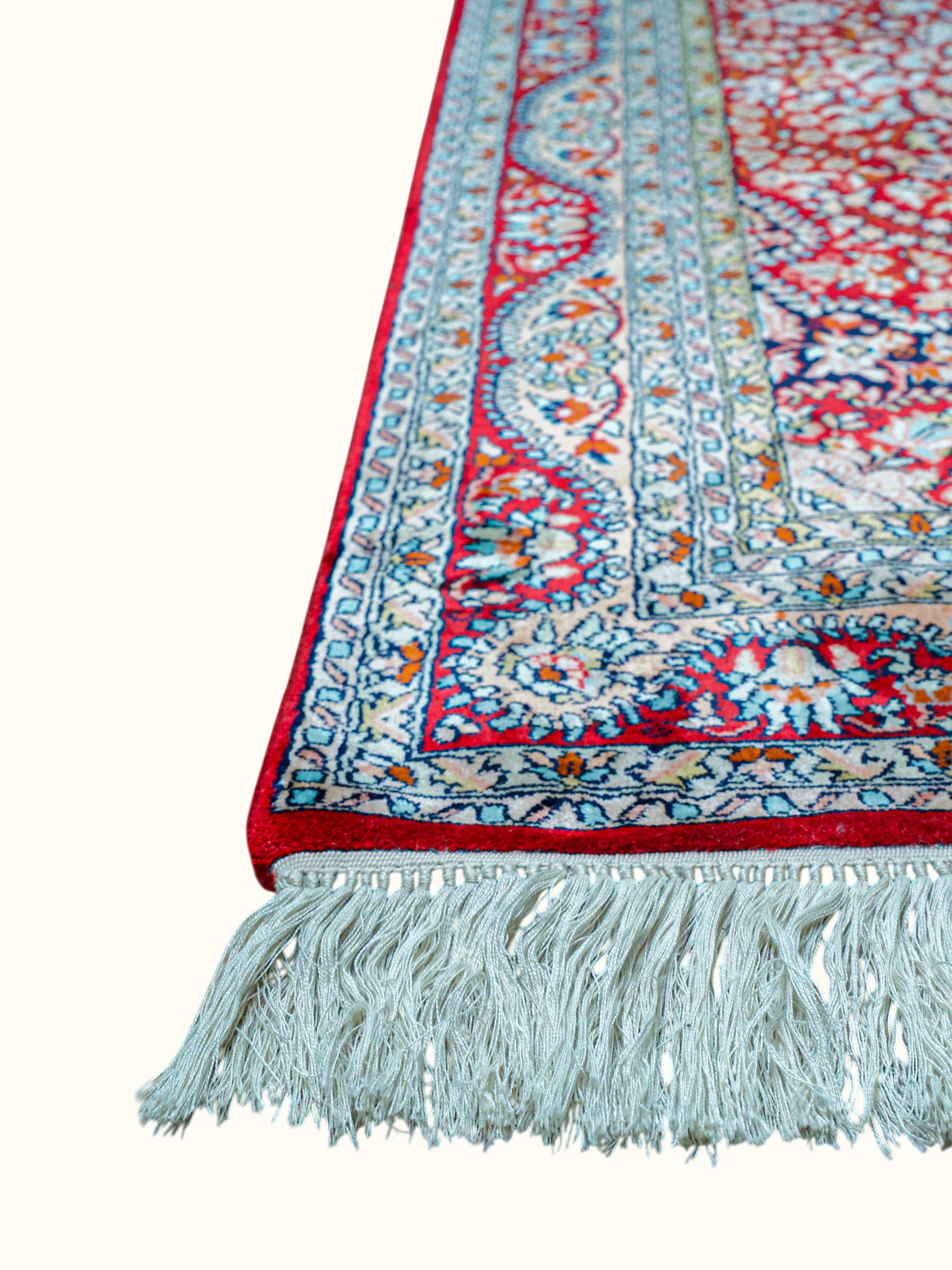 Traditional Persian Red Kashan Kashmir Silk Hand-Knotted Carpet