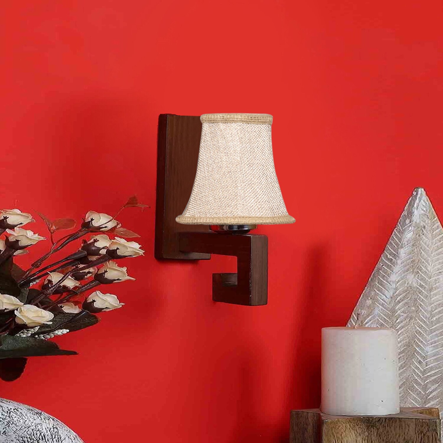 Devansh Wood Wall Mounted Lamp With Beige Jute Shade