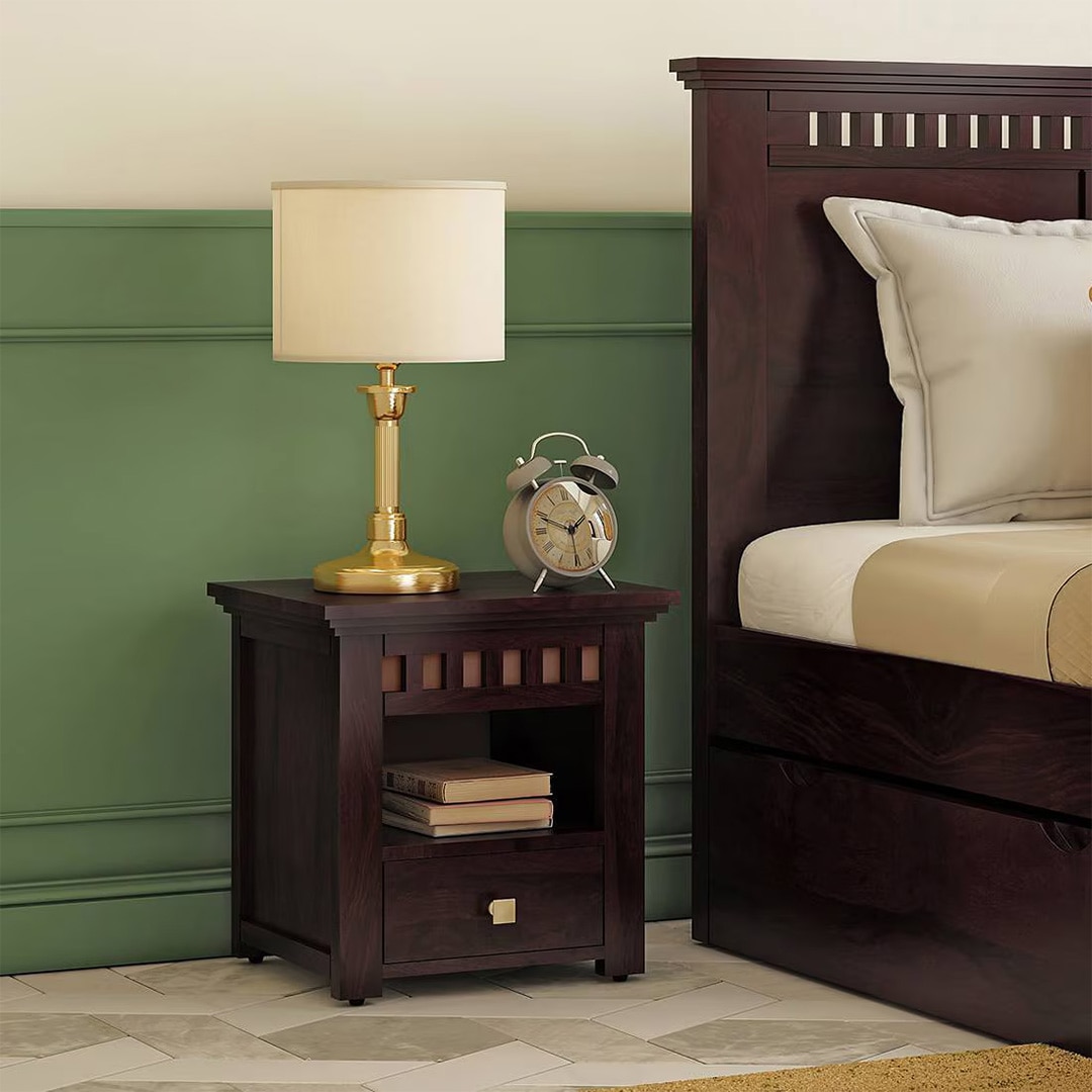 Fidora Solid Wood Bedside Table in Mahogany Finish - Urban Ladder