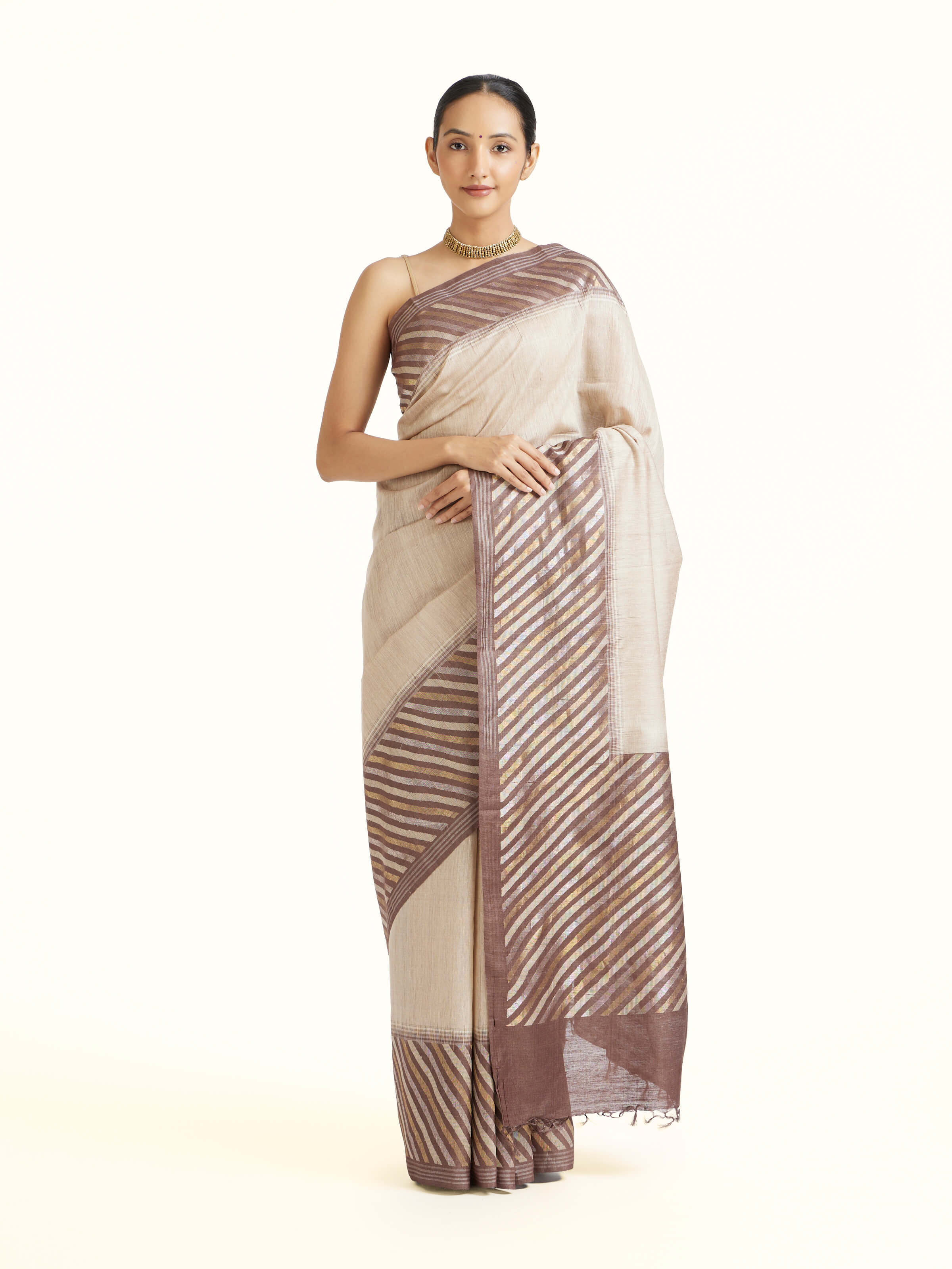 Beige Tussar Muga Silk Saree