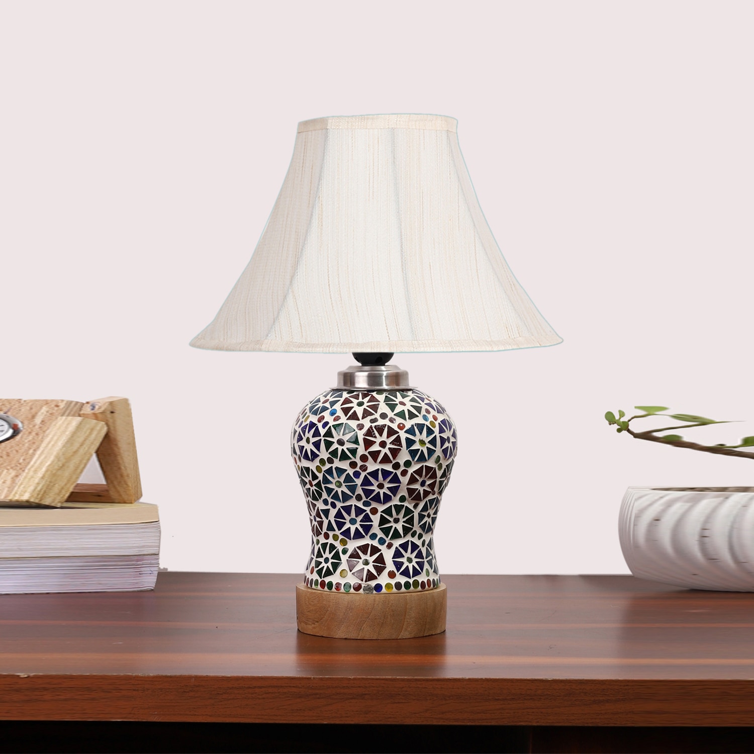 Devansh Off-White Cotton Shade Lamp With Wood & Mosaic Glass Base For Decoration/Office/Home/Gifting/Study For Decoration/Office/Home/Gifting/Study - Devansh