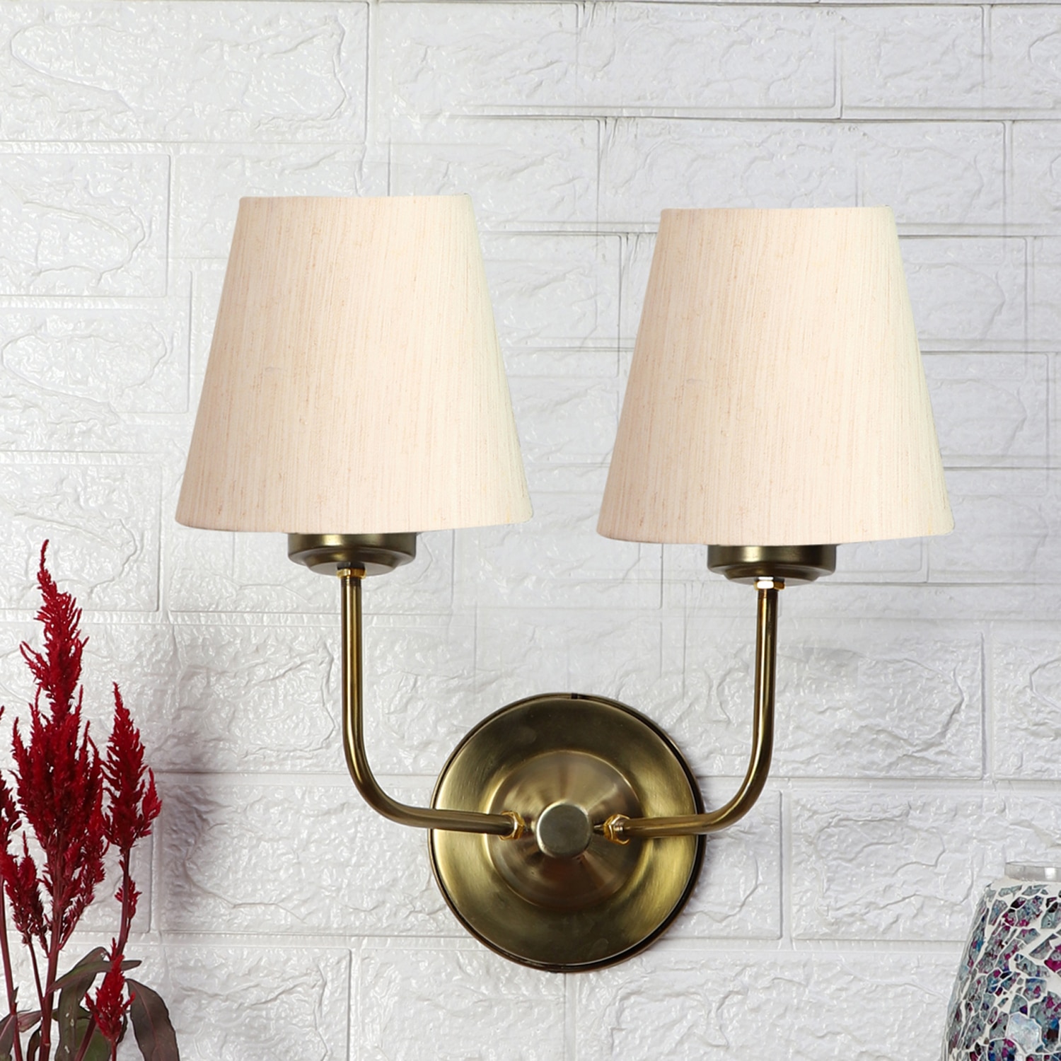 Devansh Metal Electric Wall Light in Gold Colour with off-white Shade Count of 2 Lights - Devansh