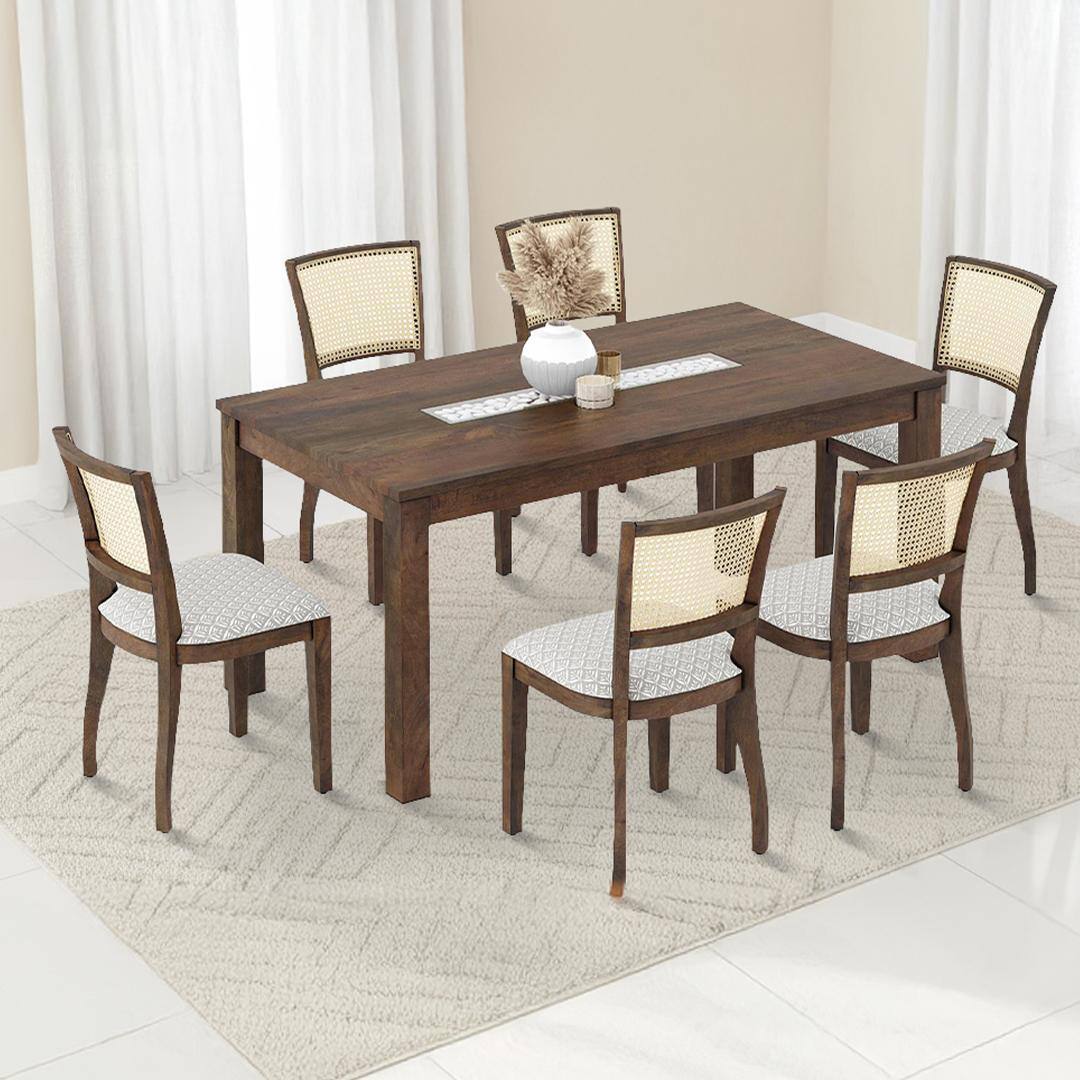 Brighton Xl 6 Seater Dining Table, Finish - Danish Walnut with Reed Dining Chair Set