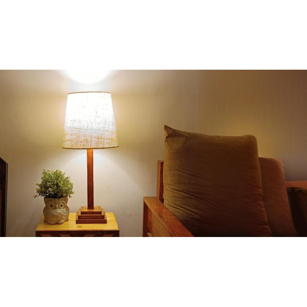 Babel Wooden Table Lamp with Brown Base and Premium White Fabric Lampshade