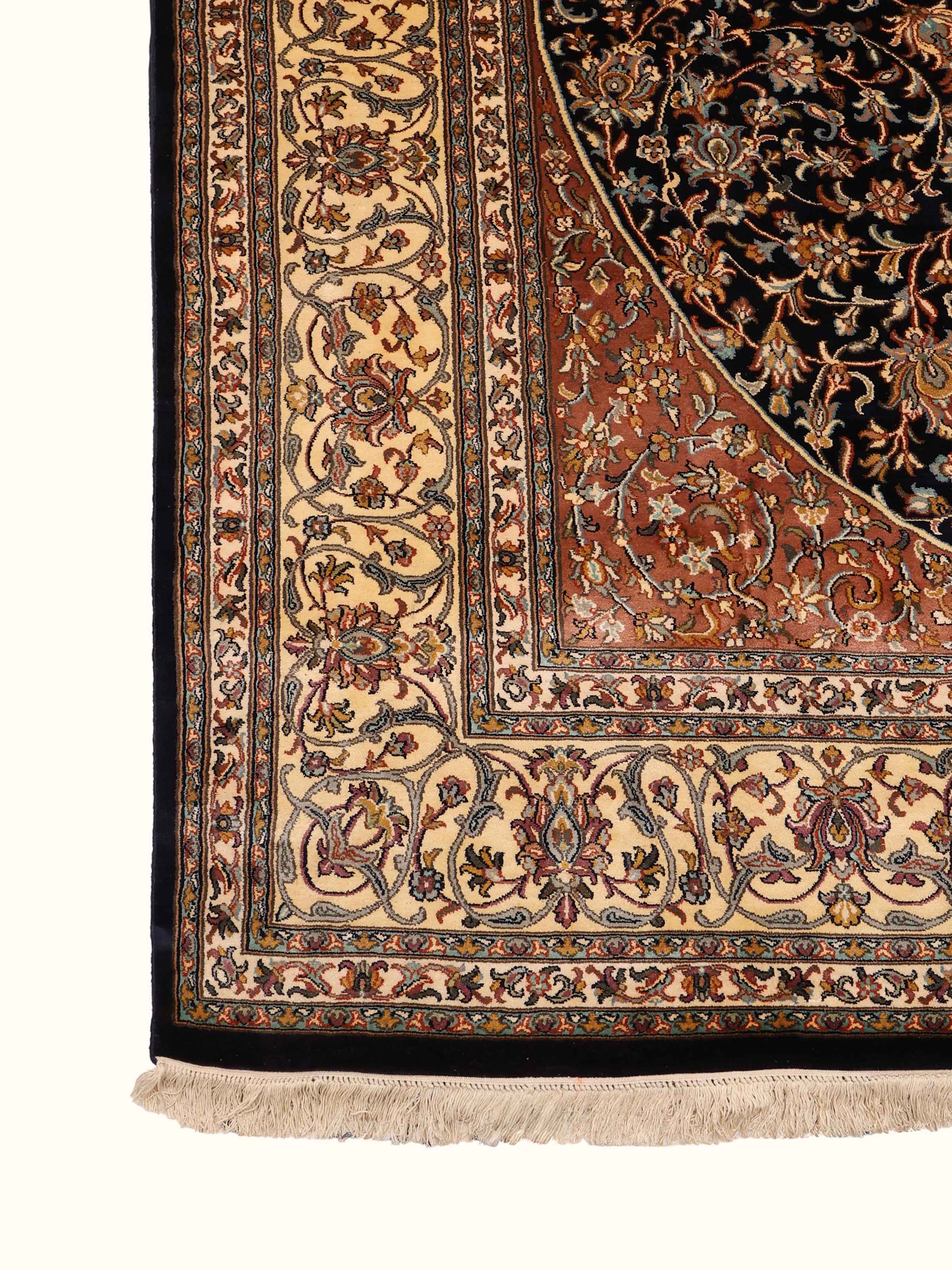 Traditional Persian Navy Blush Kashan Kashmir Silk Hand-Knotted Carpet