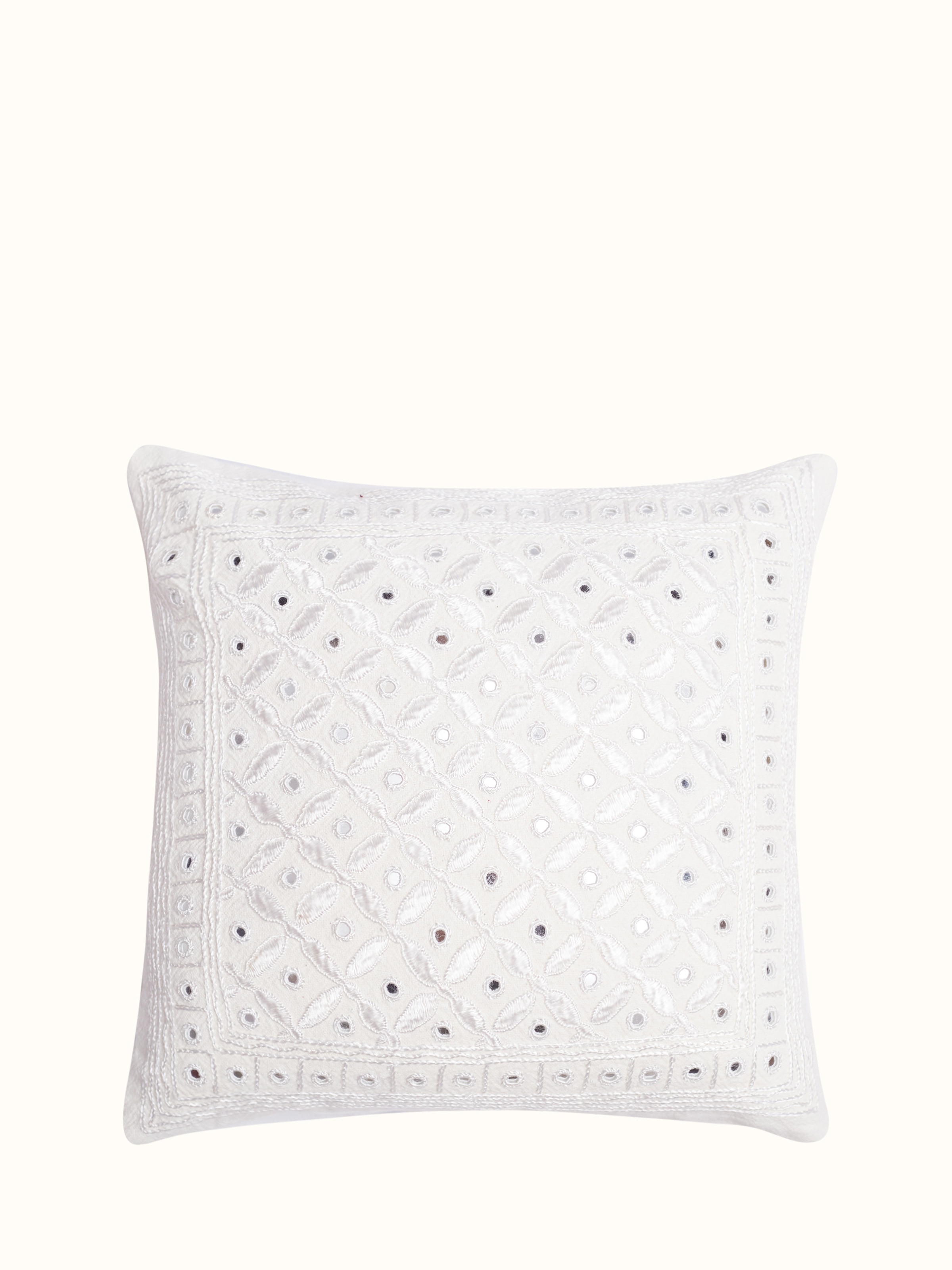 Lippan white Pakko allover hand embroidered cotton cushion cover – Swadesh