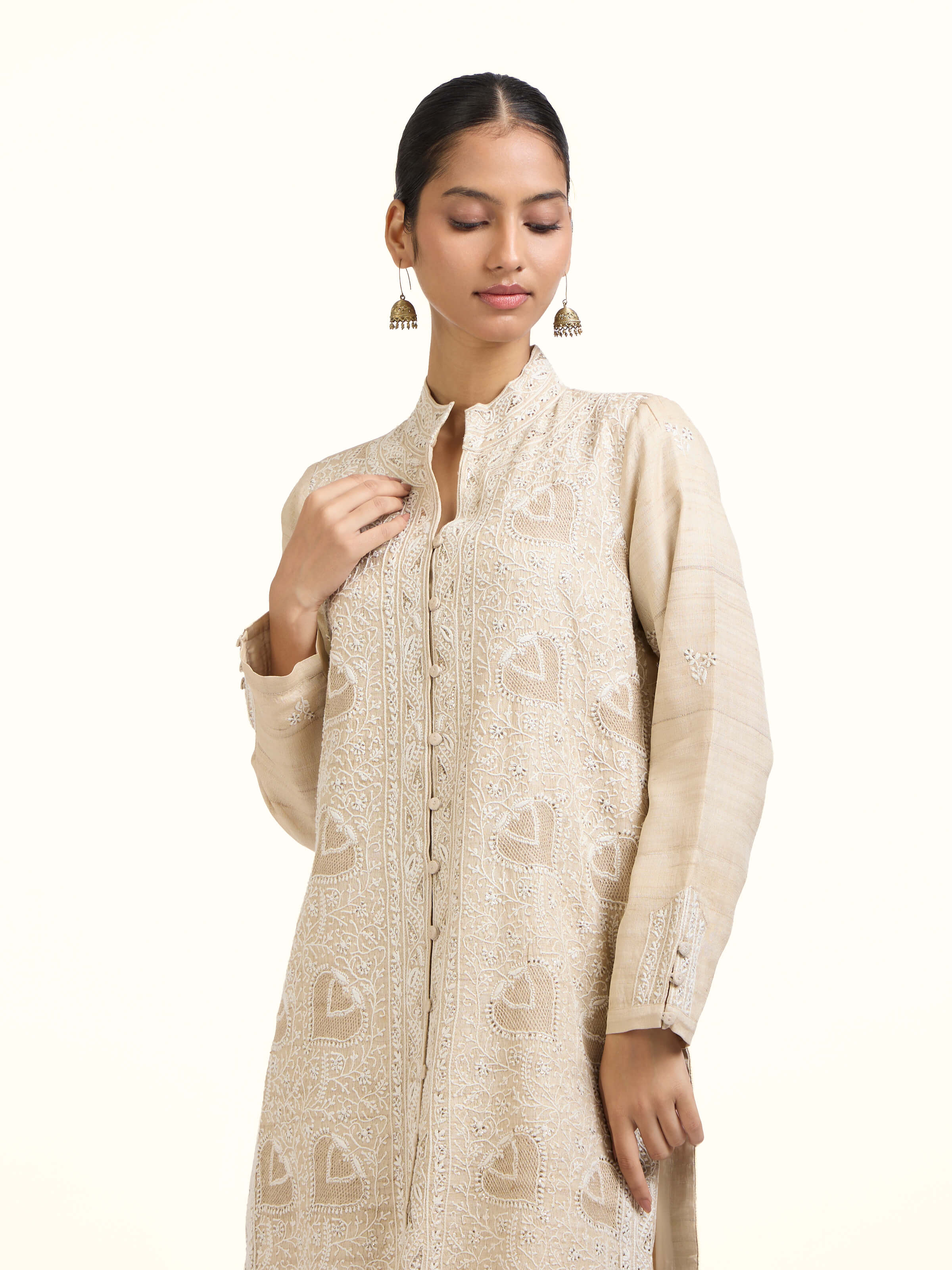Beige Tussar Silk Chikankari Jacket Style Kurta