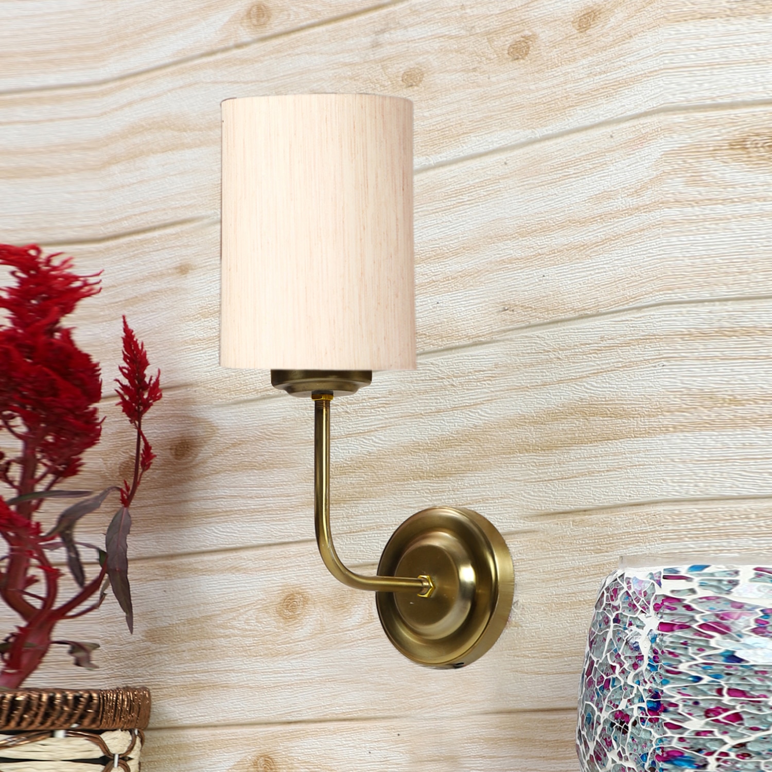 Devansh Metal Electric Wall Light in Gold Colour with off-white Shade Count of 1 Light - Devansh