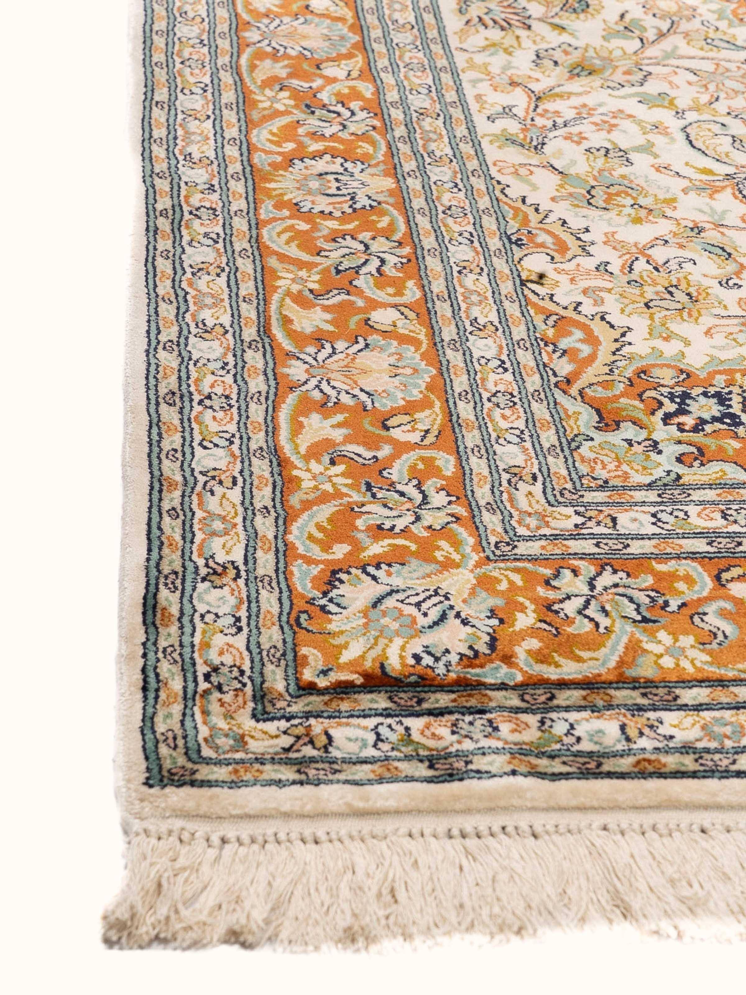 Traditional Persian Ivory Kashan Kashmir Silk Hand-Knotted Carpet