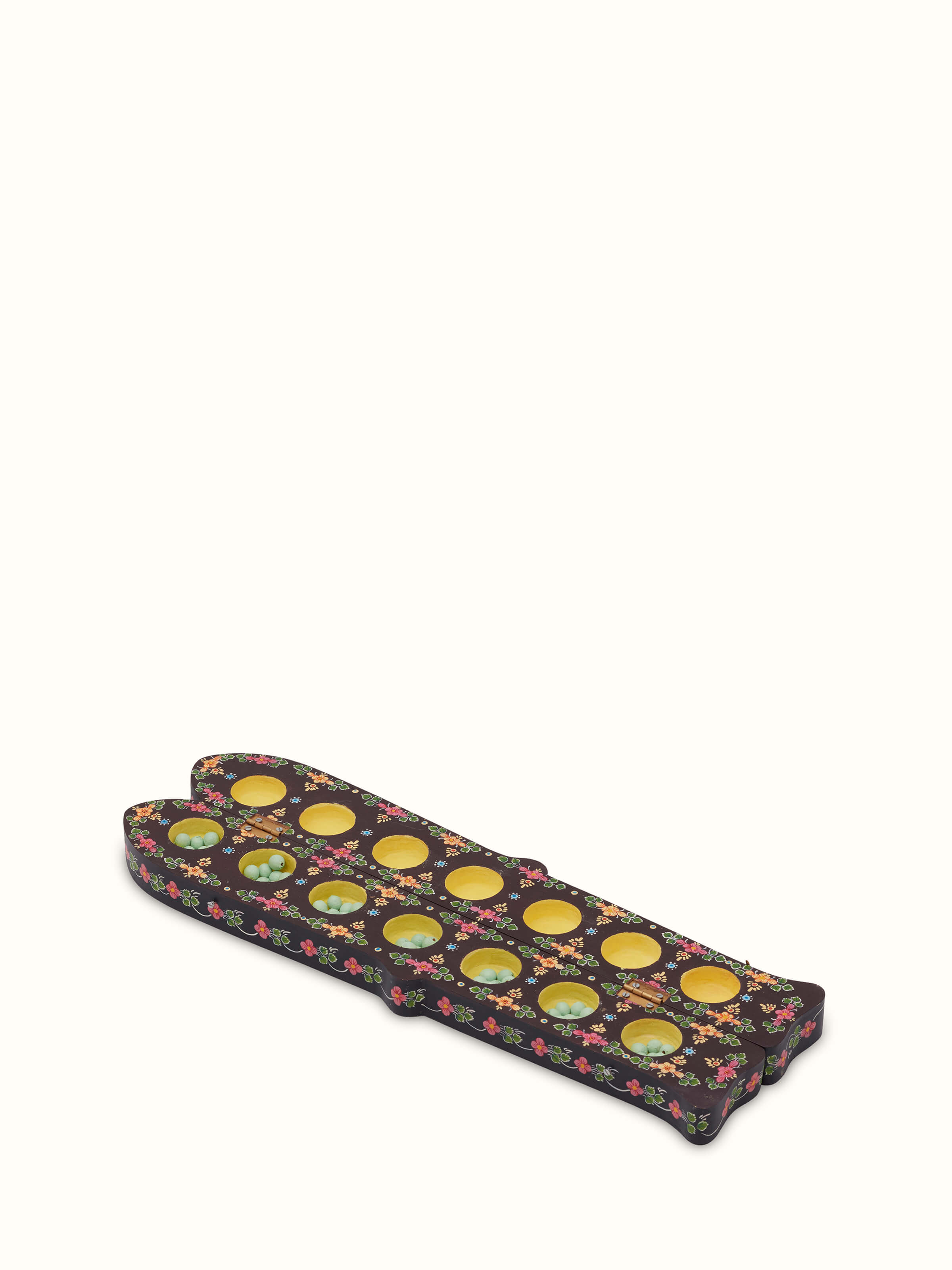 Top-down view of Ganjifa cedar wood 3-in-1 mancala board game, highlighting the game board and wood detailing