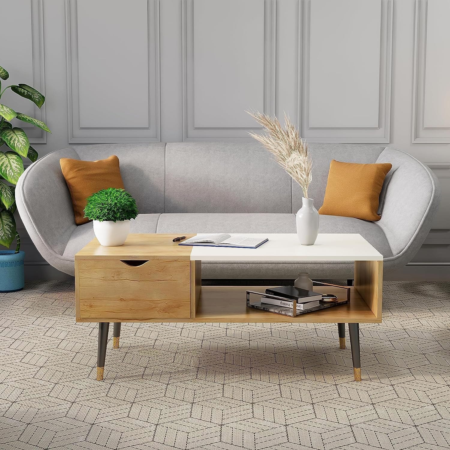 Hexa Engineered Wood Coffee Table With 1 Drawer In Giant Wood And Frosty White - HexaRed