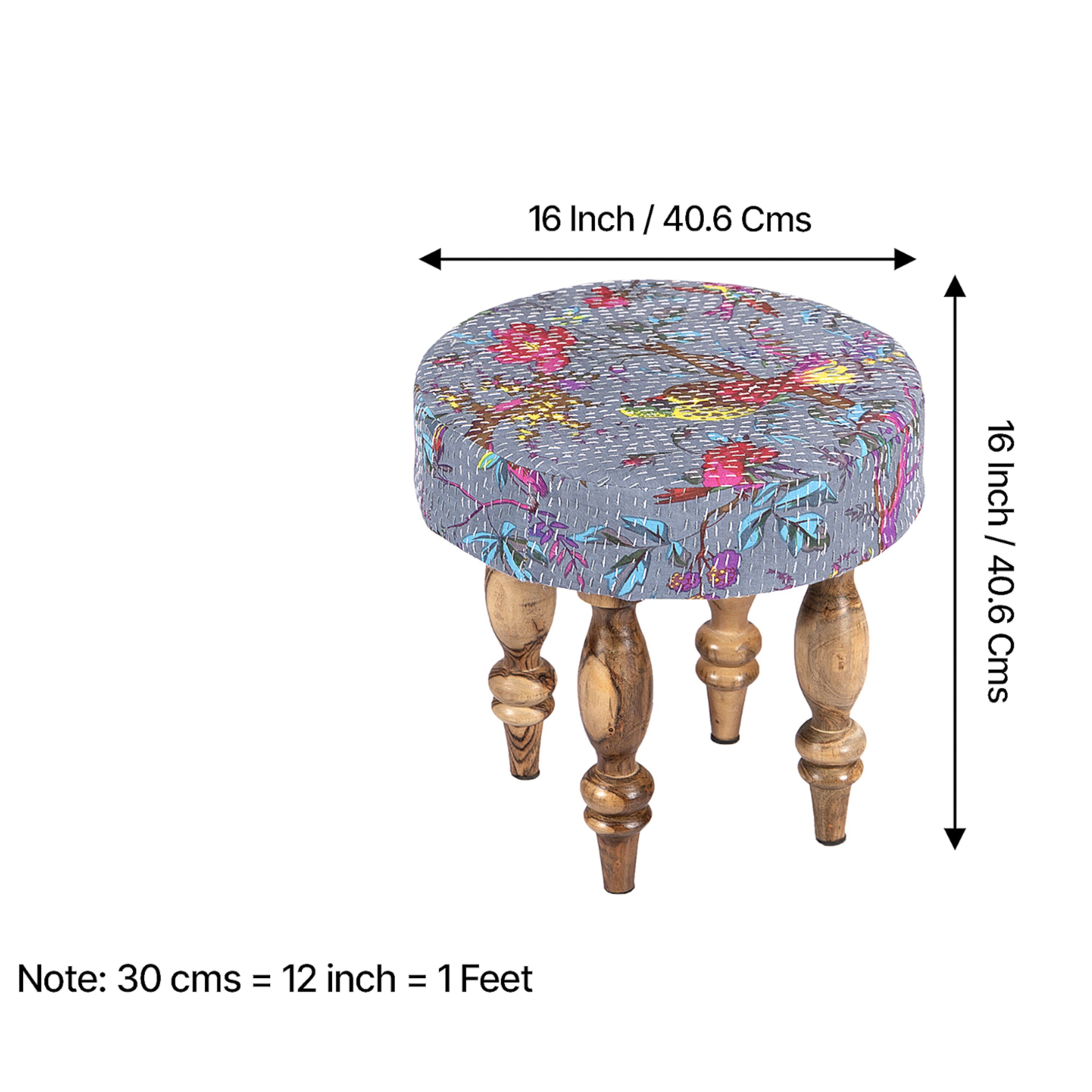 Bestone Sheesham Wood Mid Century 2+1+1 Seater Bench Set With 2 Stools In Grey Brid Print Kantha