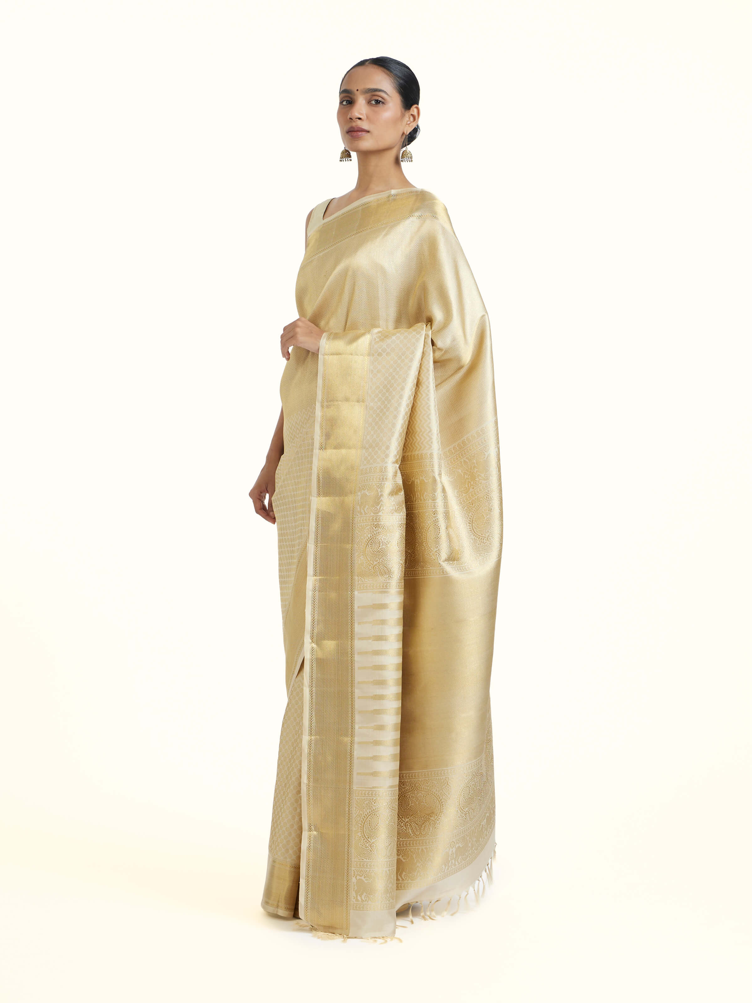 Beige Kancheepuram Silk Zari Saree