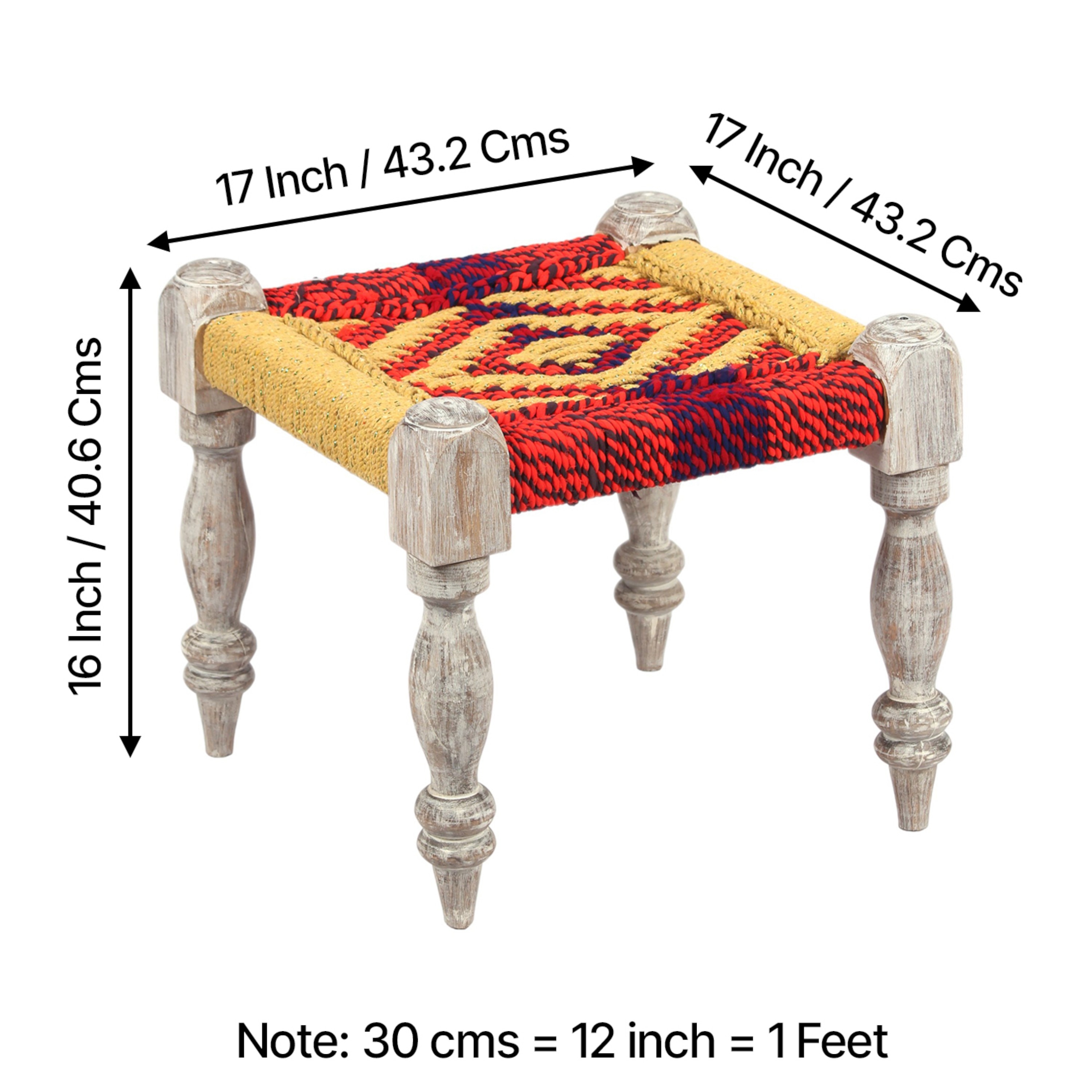 Riaza Sheesham Wood Maachi Stool in Assorted Multi-Colour Chindi & Yellow Rope Canning