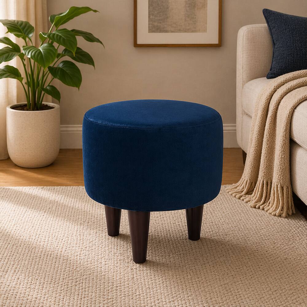 Doe Buck Velvet Round Ottoman Stool in Blue Colour with Wooden Legs - Doe Buck