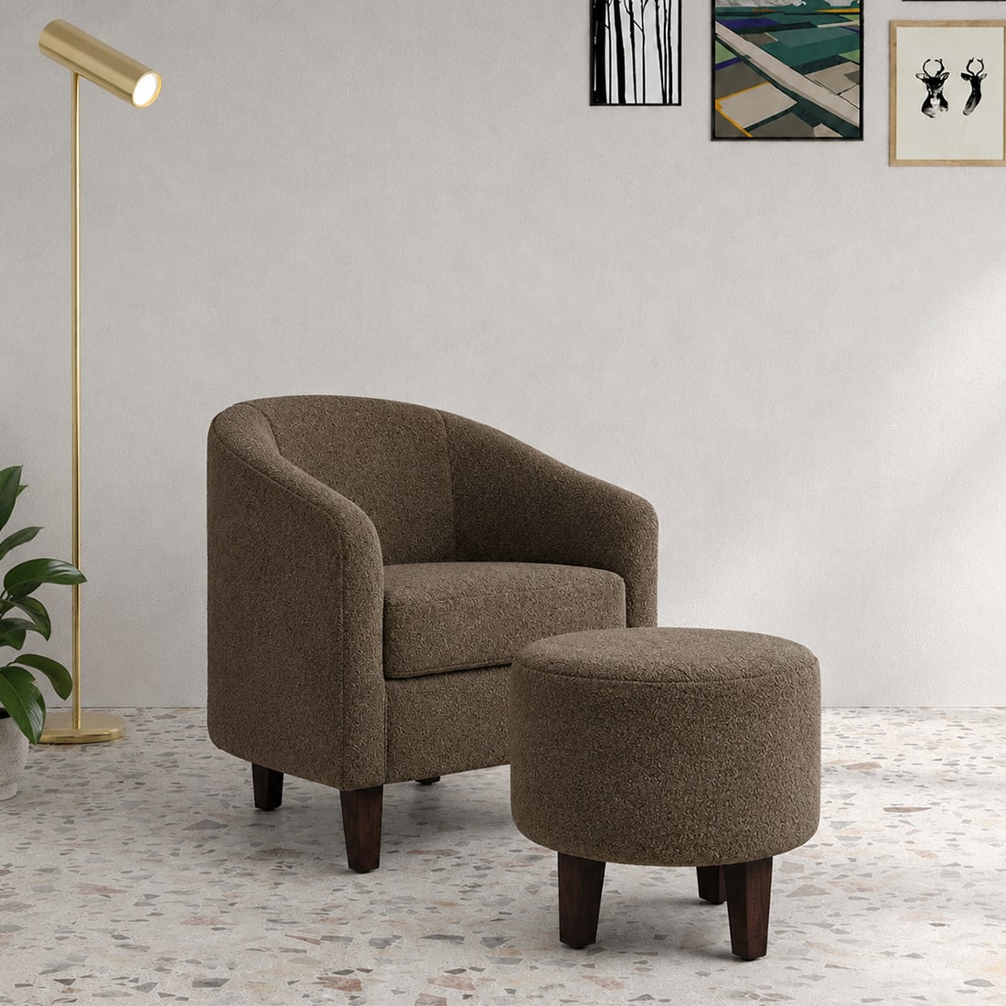 Daviana Boucle Fabric Lounge Chair in Brown Colour - KURSIWALLAH