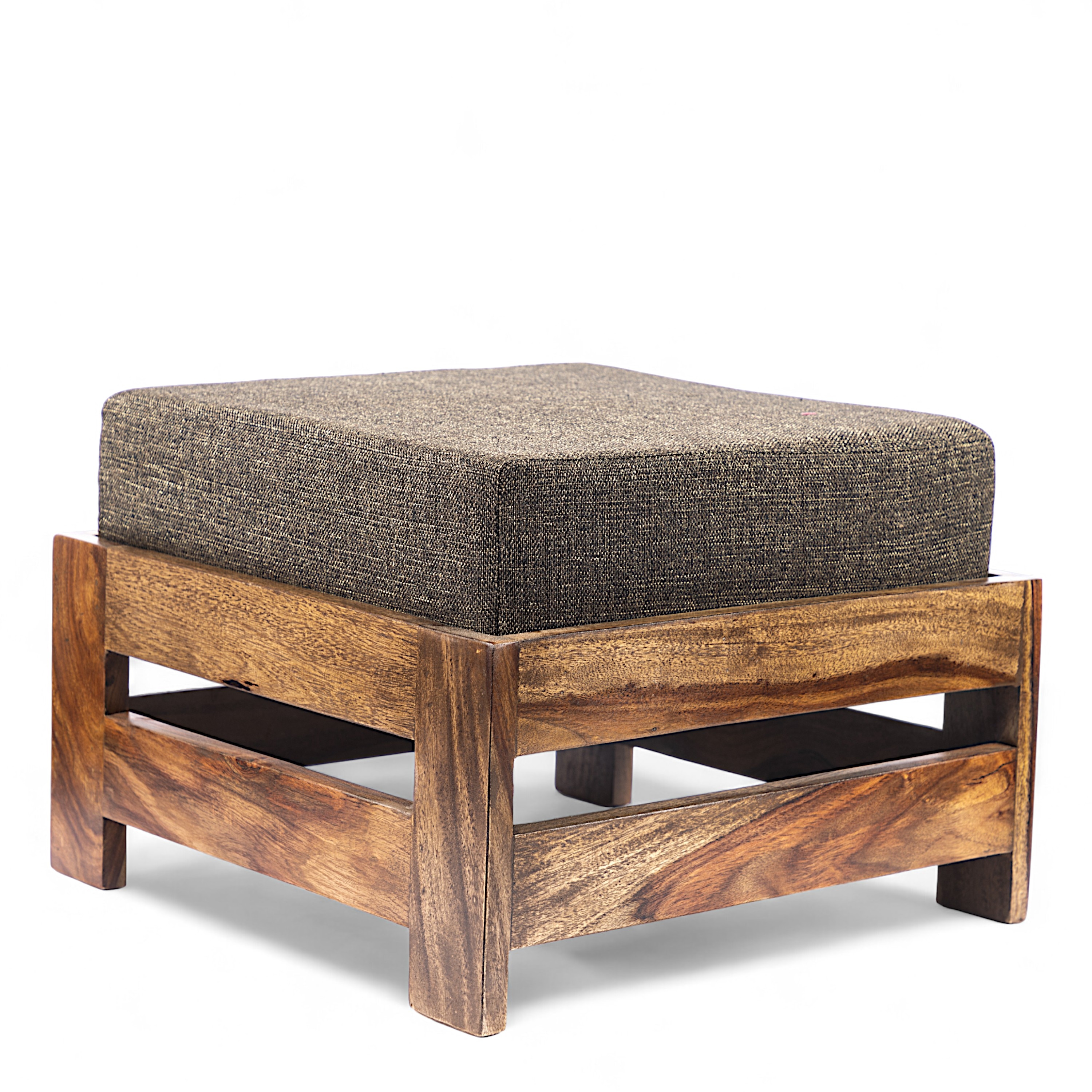 Amber Sheesham Wood Foot Stool in Teak Finish with Jute Brown Cushion