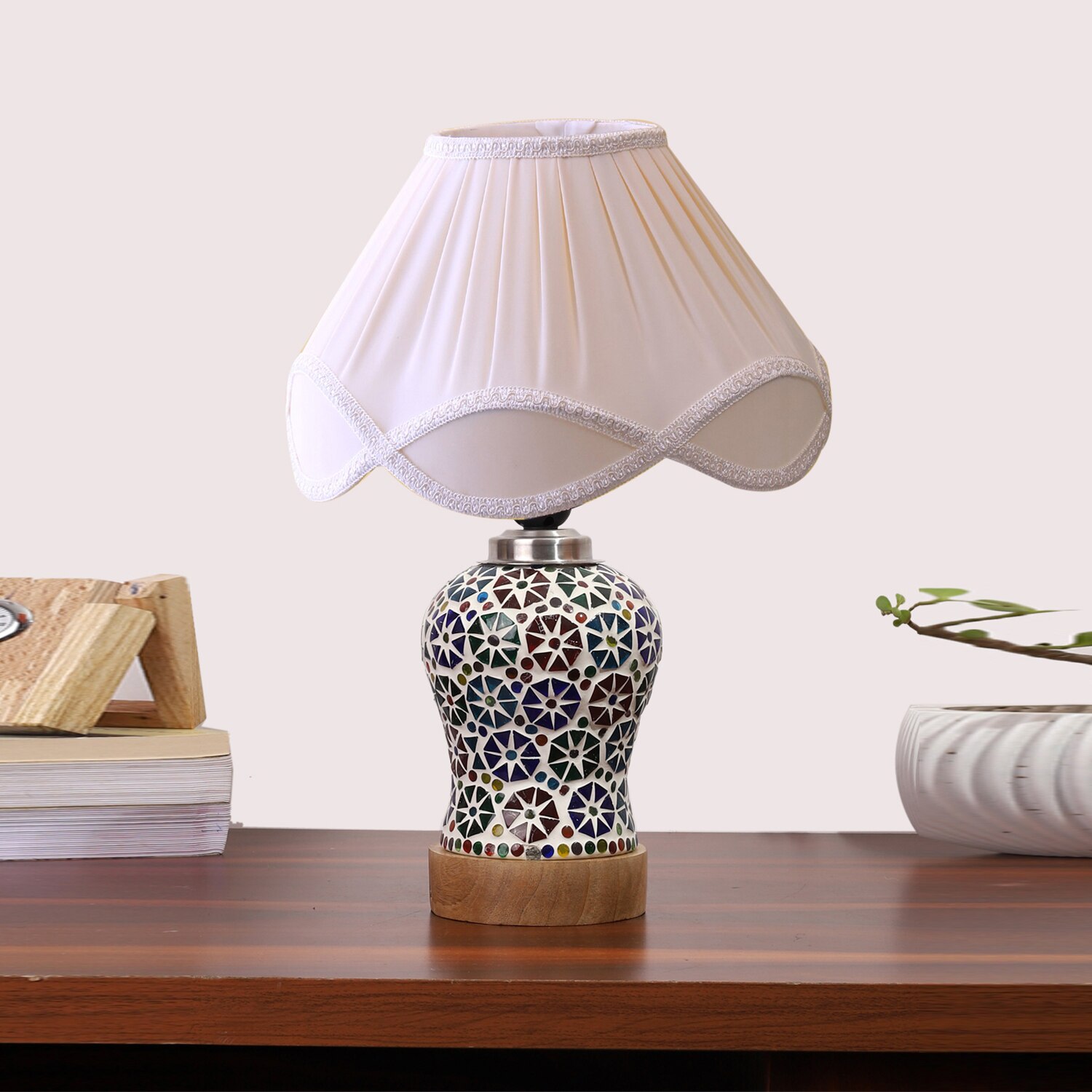 Devansh Off-White Vintage  Cotton Pleated Shade Lamp With Wood & Mosaic Glass Base For Decoration/Office/Home/Gifting/Study For Decoration/Office/Home/Gifting/Study