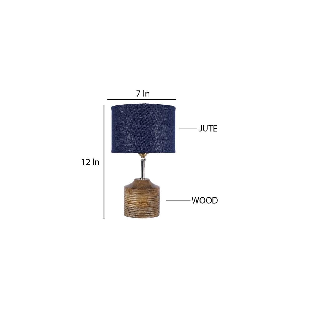 Emily Blue Natural Fiber Shade Table Lamp with Natural Wooden Base