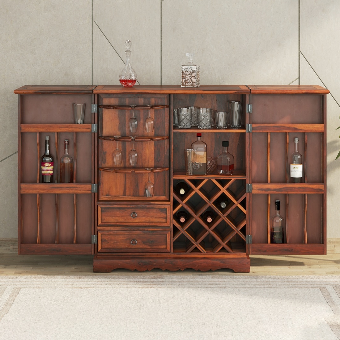 Keaton Sheesham Wood Bar Cabinet in Honey Oak Finish