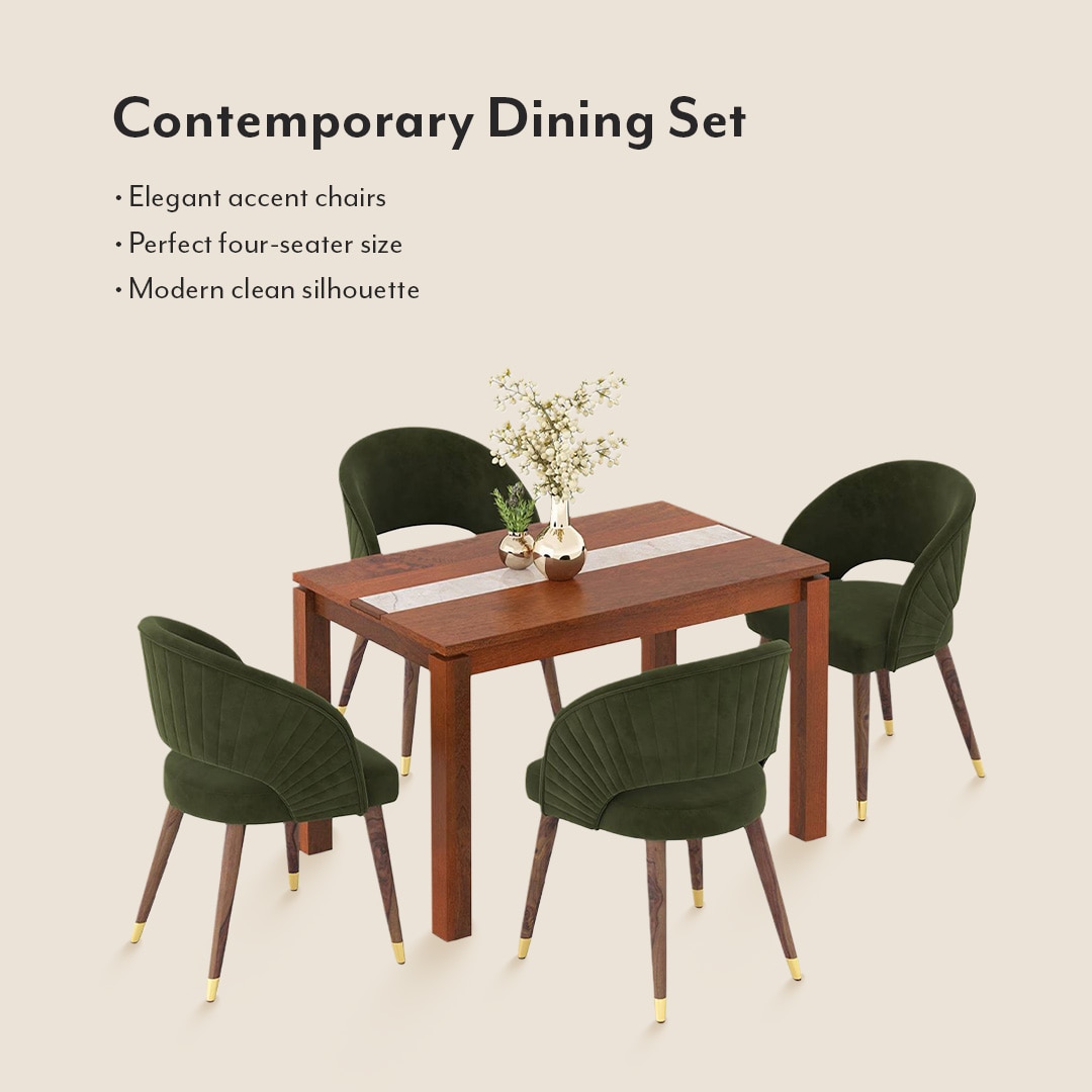 Atlas Crest Solid Wood 4 Seater Dining Table With Celia Accent Dining Chairs