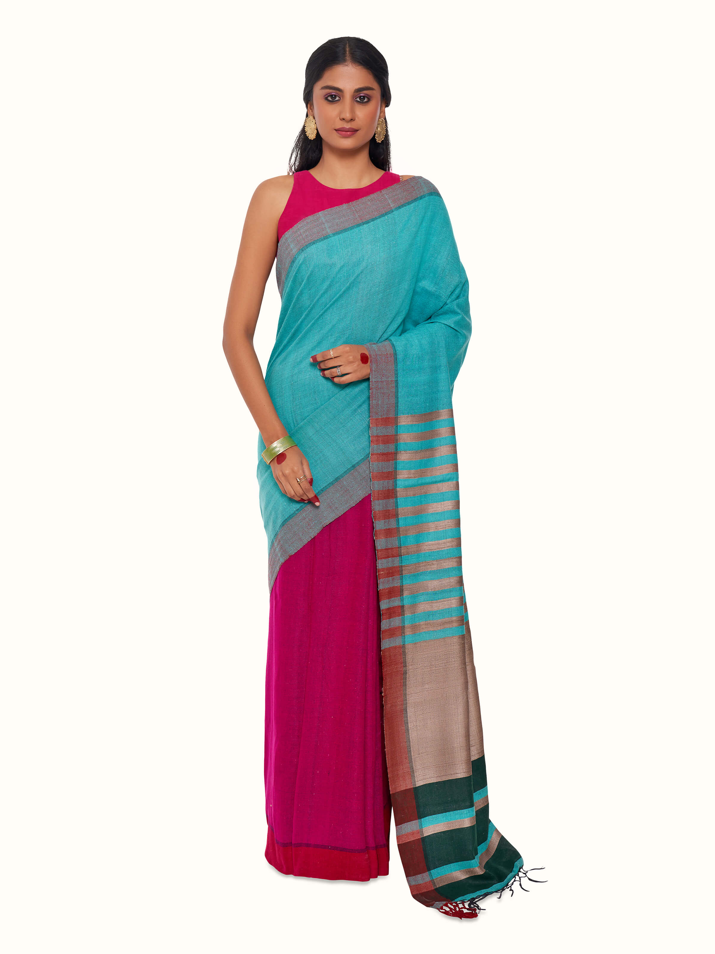 Front view of turquoise tussar silk Bhagalpur saree with natural sheen