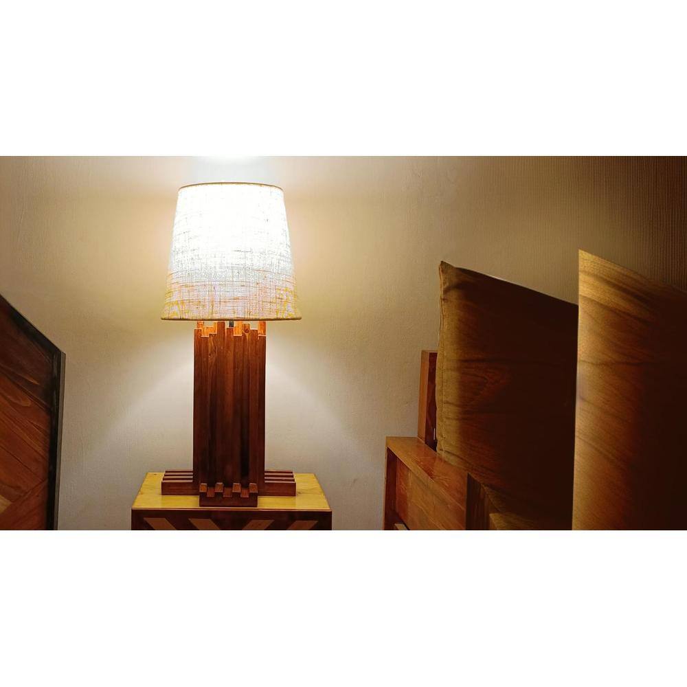 Palisade Brown Wooden Table Lamp with White Fabric Lampshade