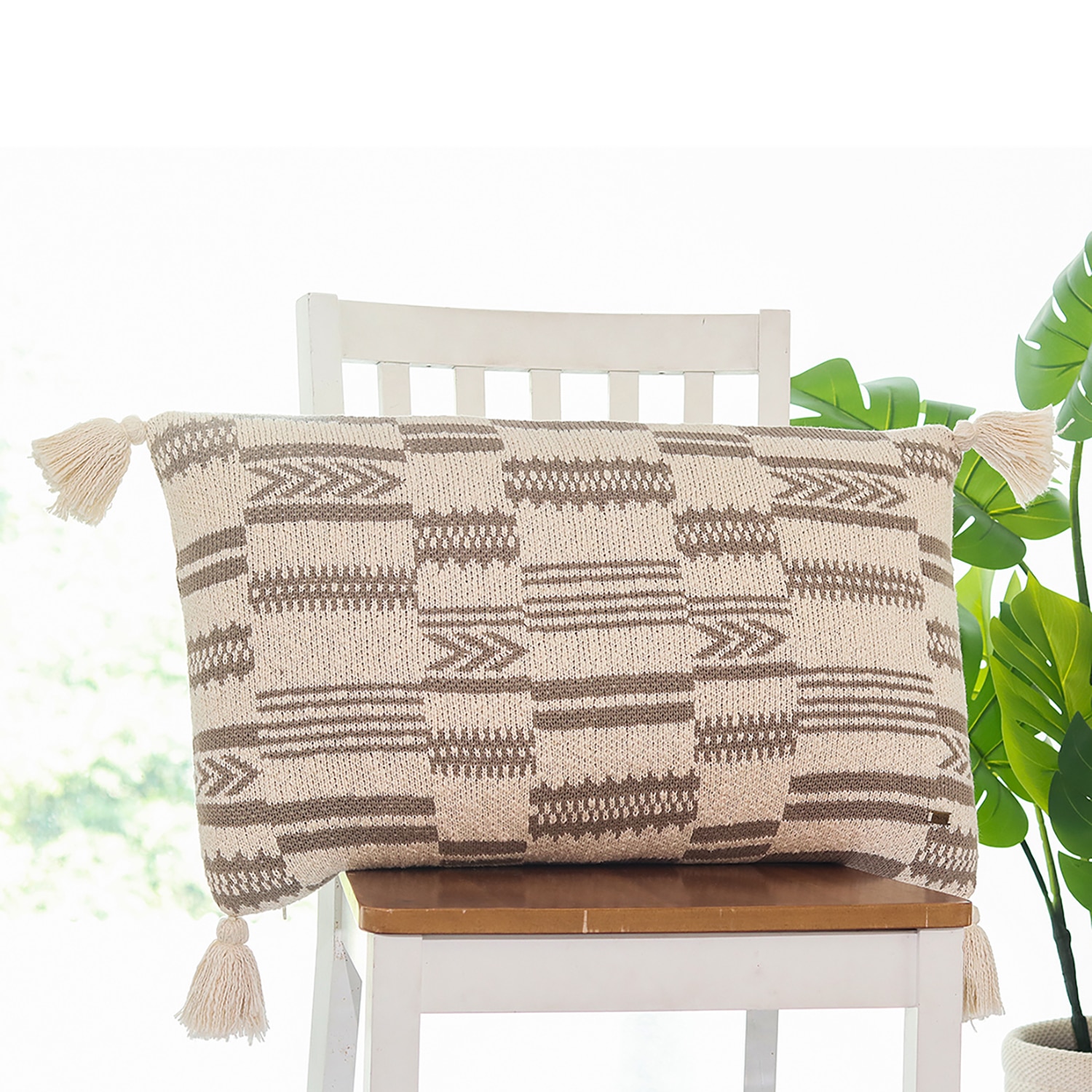 Tribal Knit Pillow Cover  Stone Natural 16X24  Inches - Pluchi