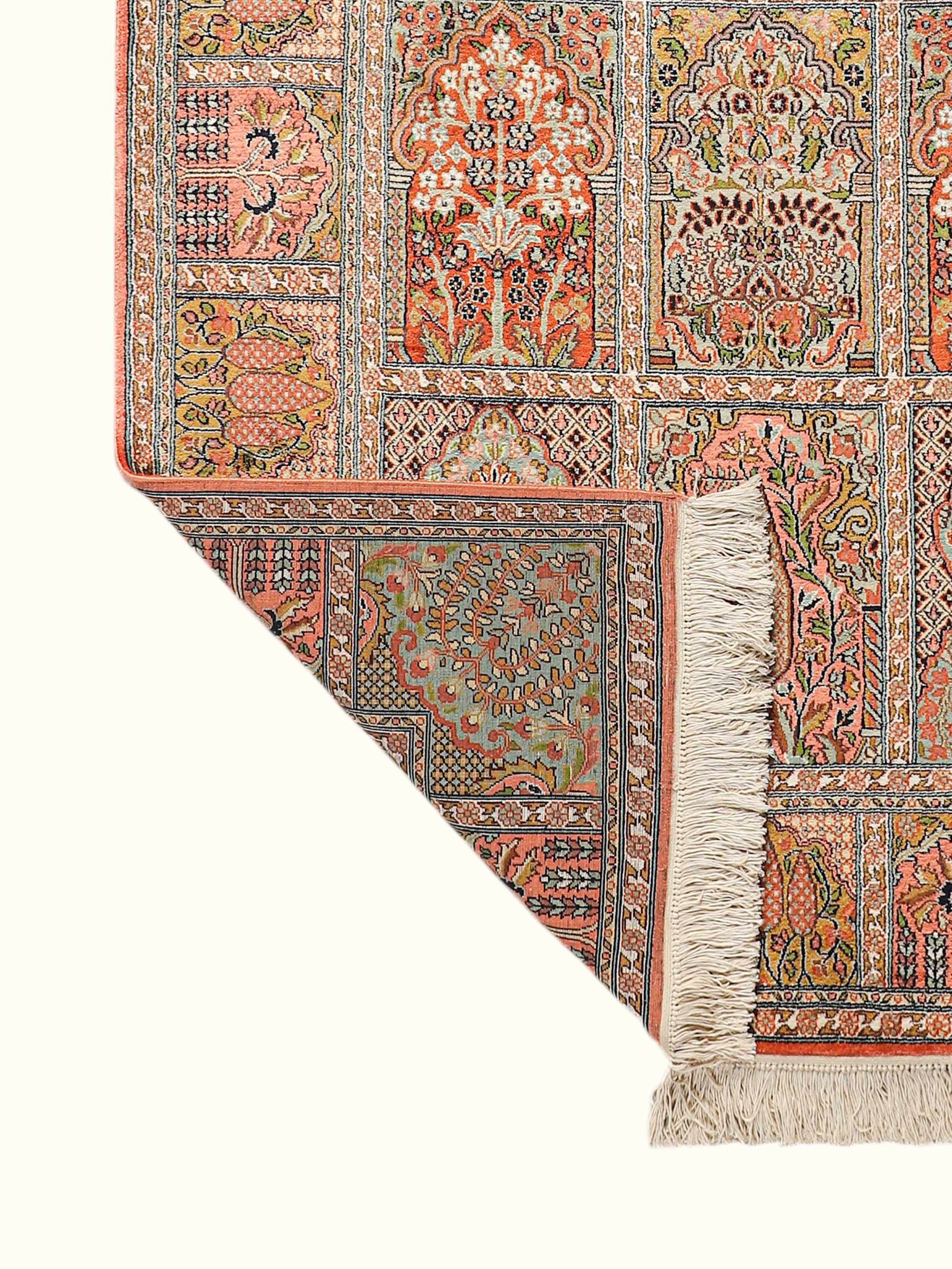 Traditional Persian Rust Blue Hamadan Kashmir Silk Hand-Knotted Carpet