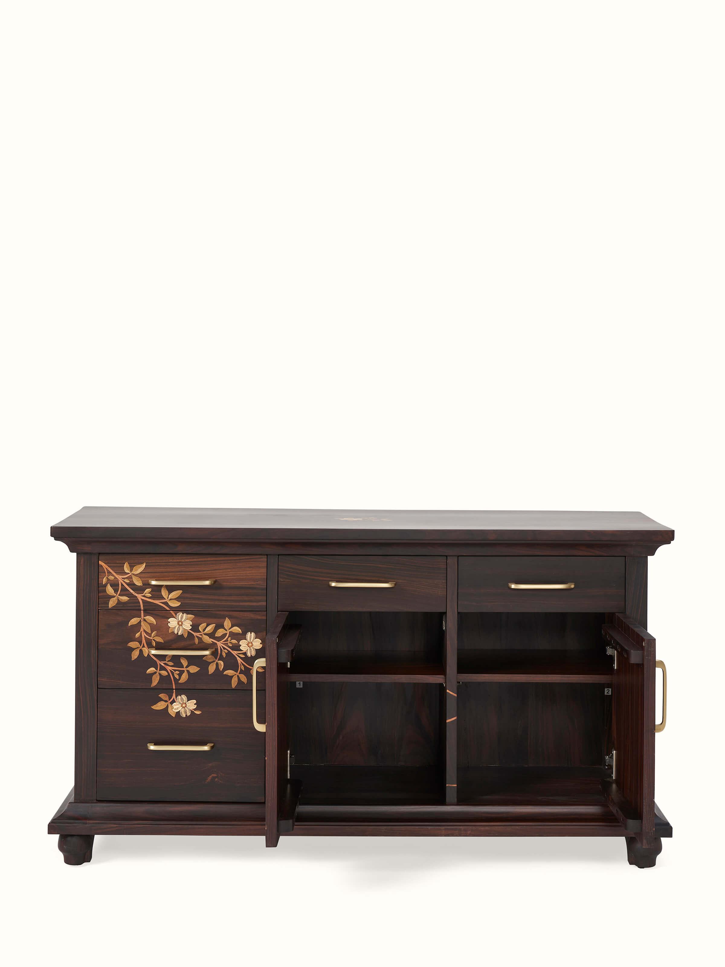 Close-up of rosewood inlay on Masaurhi sideboard, detailing the craftsmanship and quality of the woodwork.