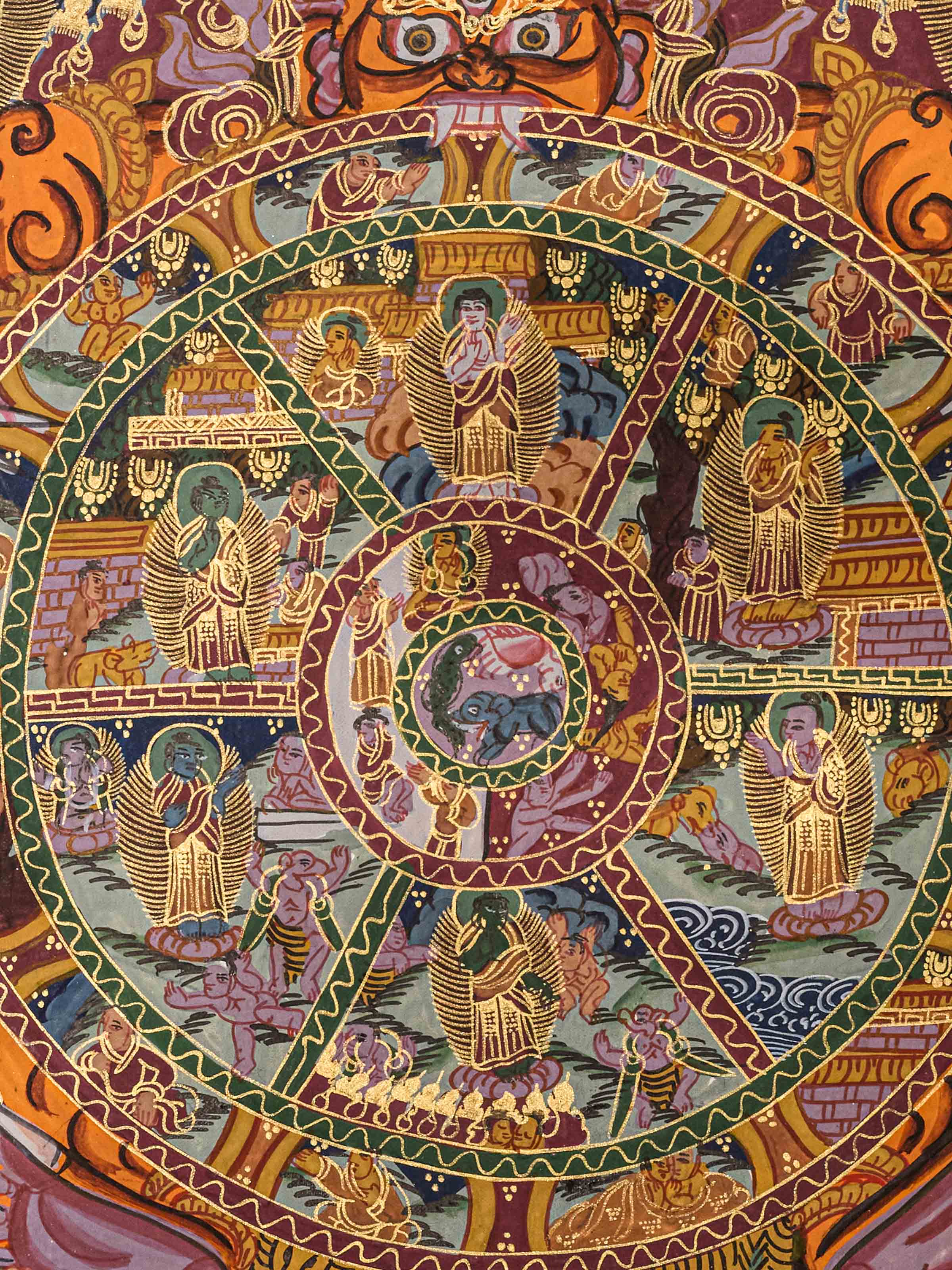 Angled view of the Wheel of Life Thangka Painting